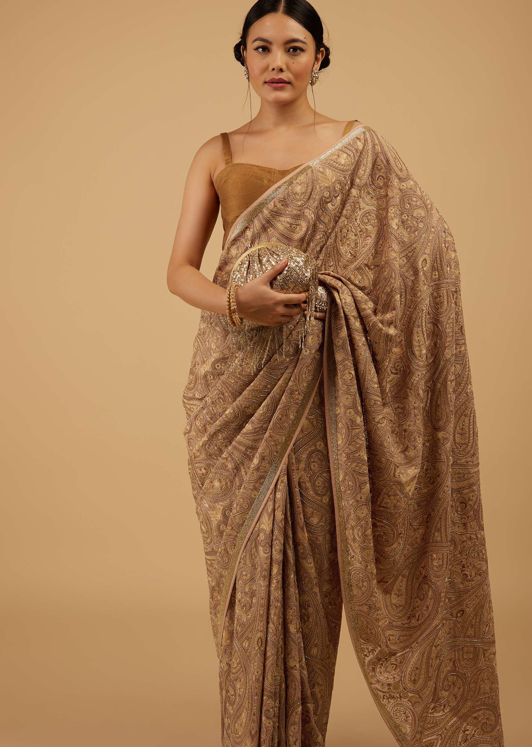 Mocha Brown Festive Toasted Almond Beige Saree Kashmiri Embroidered In Georgette - Image 4