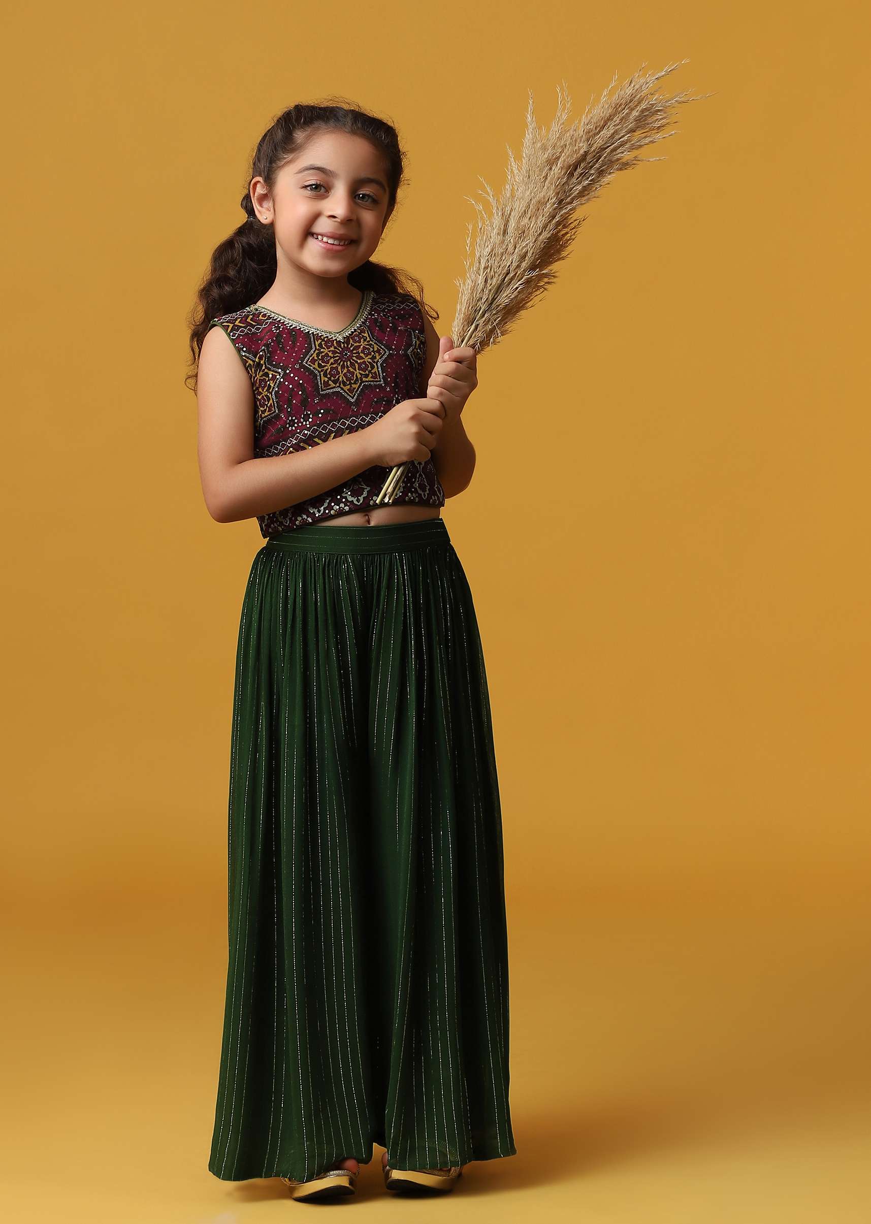 Kalki Forest Green Embroidered Top And Palazzo Set With Jacket In Georgette For Girls - Image 6