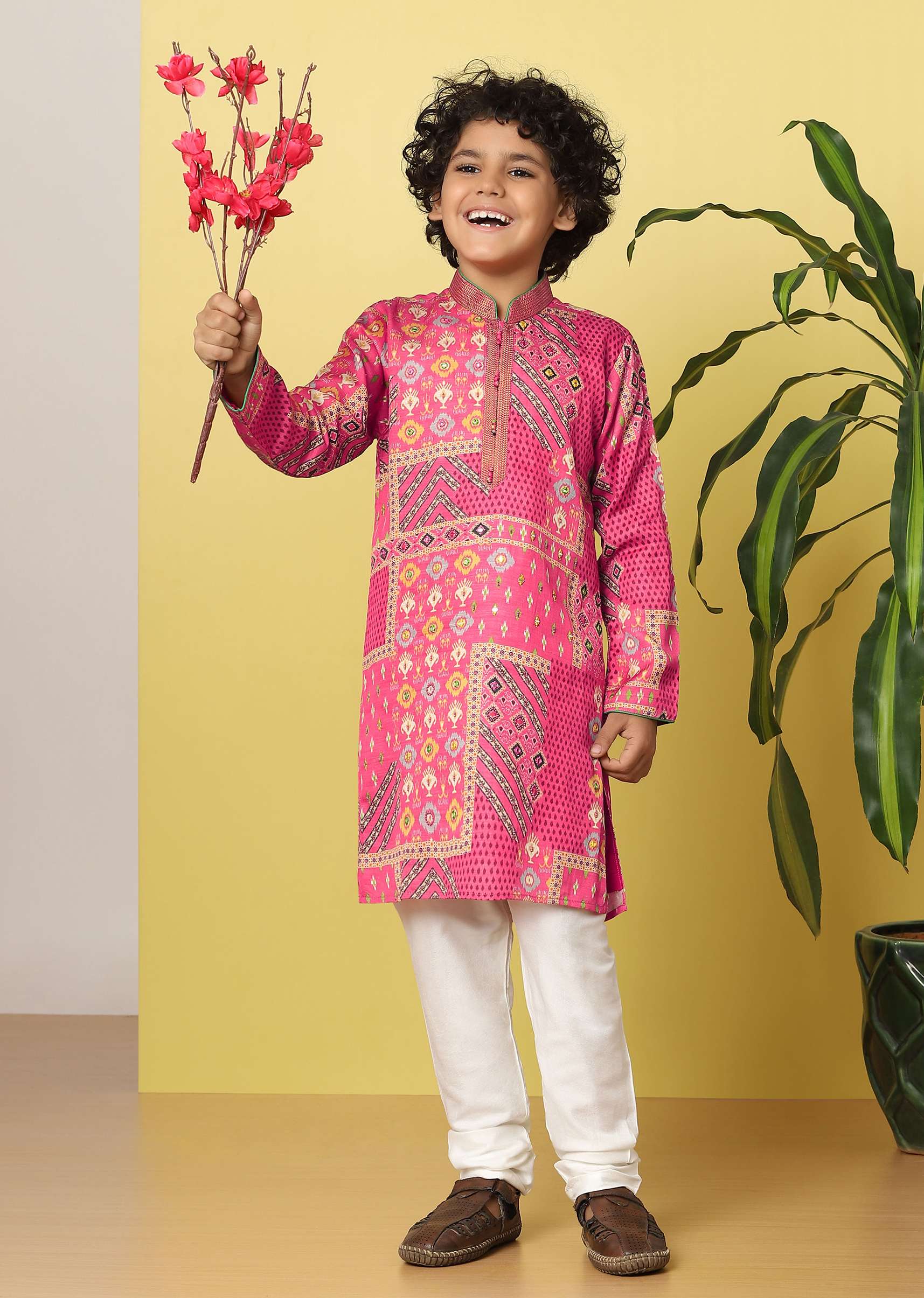 Kalki Fuschia Pink Boys Kurta Set In Silk With Mirror And Zari Work