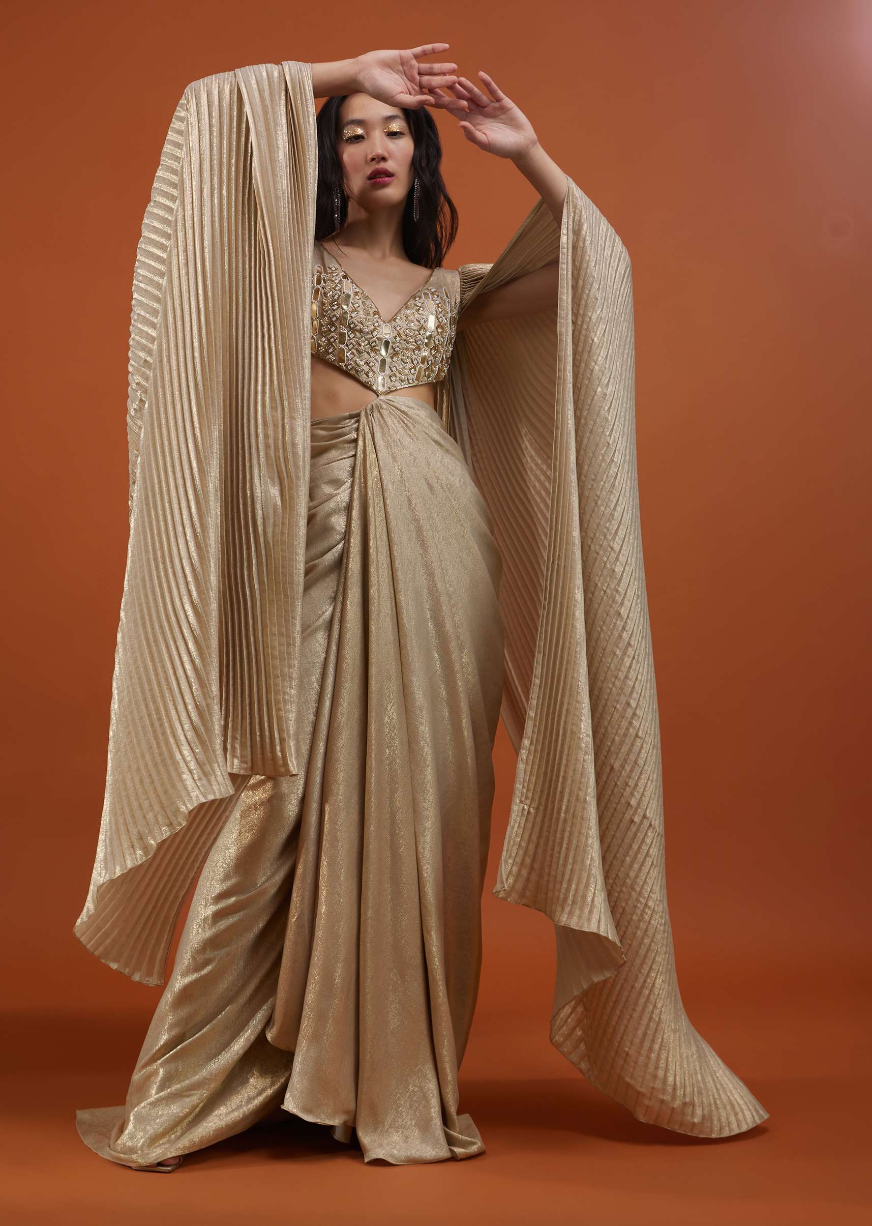 Mocha Brown Gown With A Pre-Pleated Dhoti Skirt Area And Royal Cape Sleeves- NOOR 2022 - Image 3
