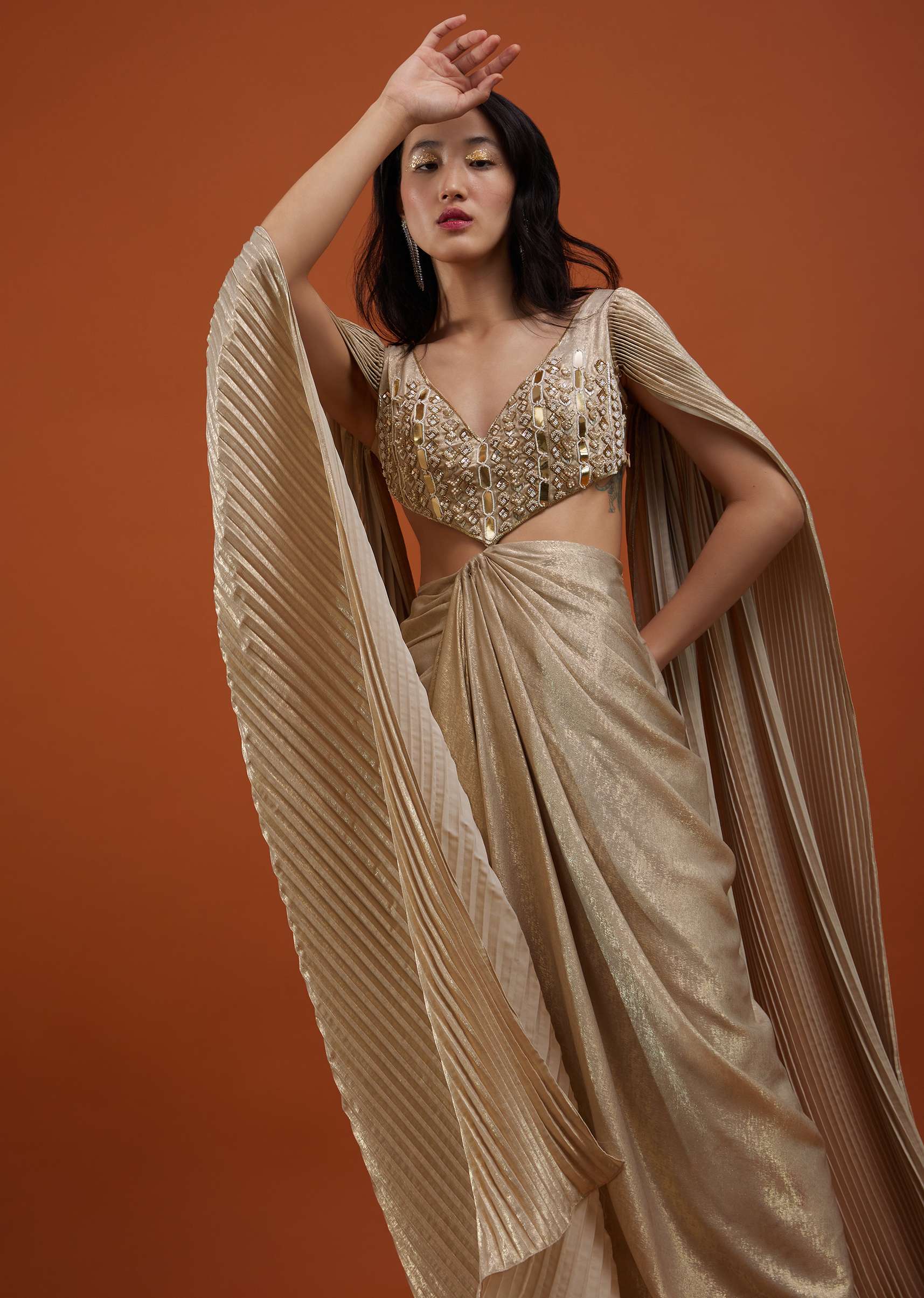 Mocha Brown Gown With A Pre-Pleated Dhoti Skirt Area And Royal Cape Sleeves- NOOR 2022 - Image 6