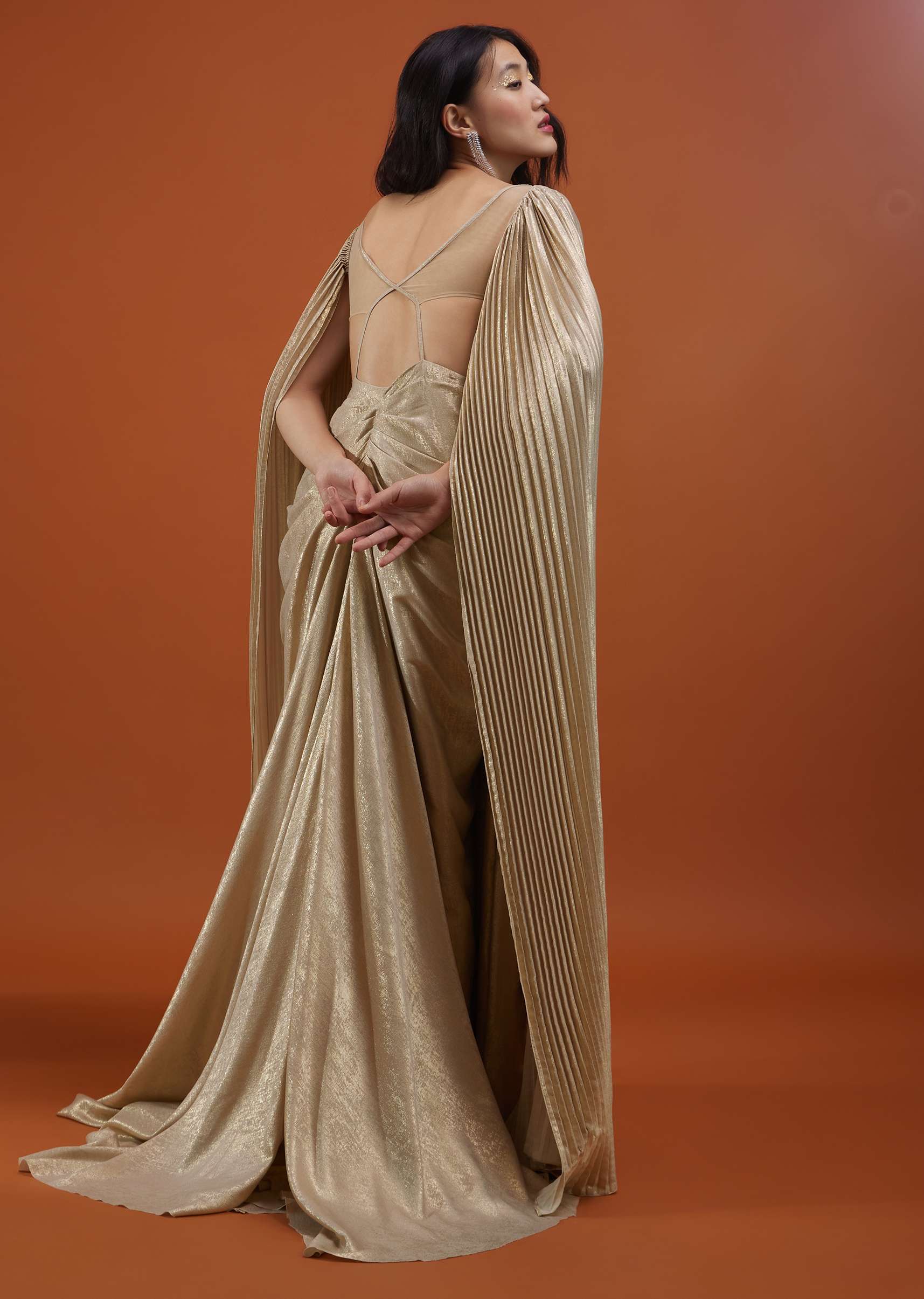 Mocha Brown Gown With A Pre-Pleated Dhoti Skirt And Royal Cape Sleeves - NOOR 2022 - Image 2