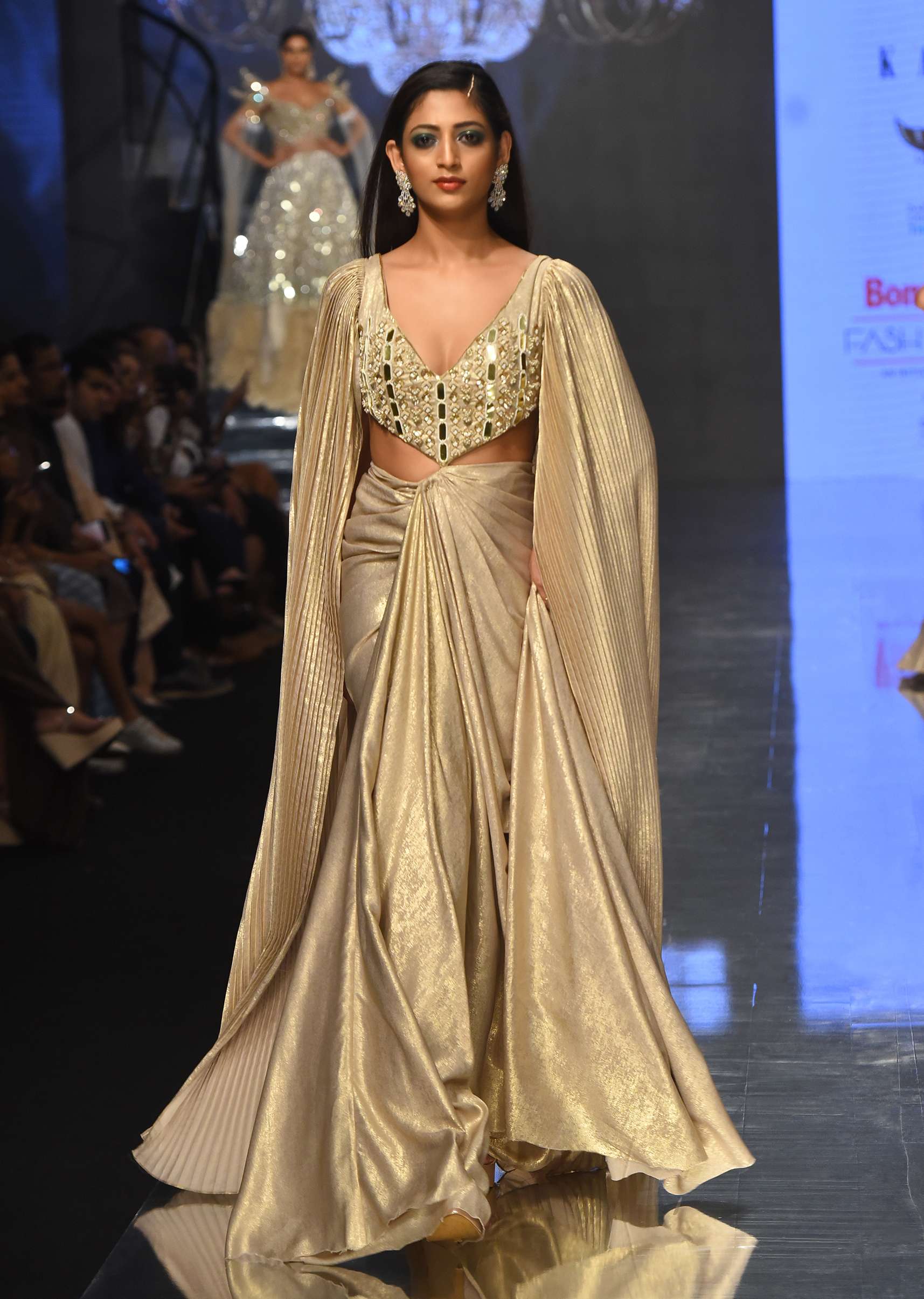 Mocha Brown Gown With A Pre-Pleated Dhoti Skirt And Royal Cape Sleeves - NOOR 2022 - Image 4