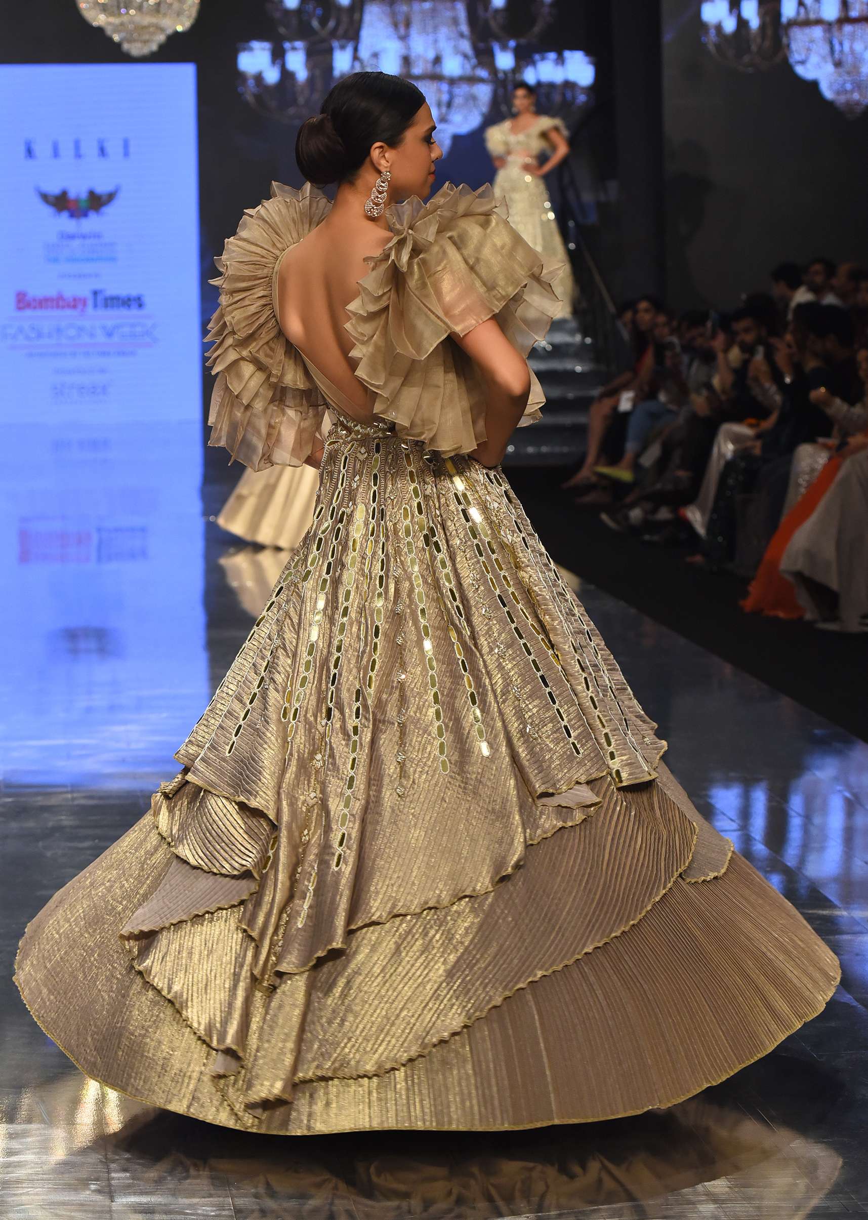 Gold Toned Kalki Gown With Ruffle Sleeves And Embroidery - NOOR 2022 - Image 5
