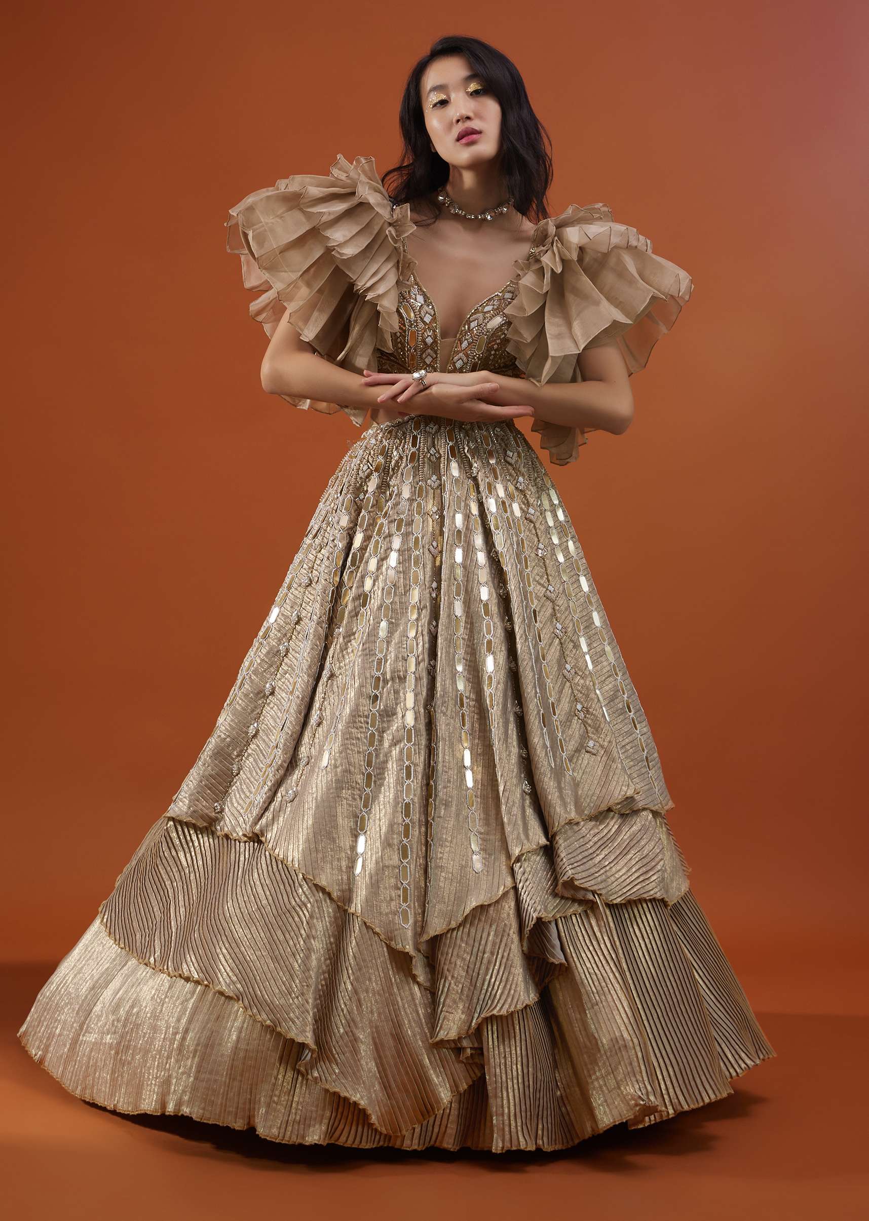 Gold Toned Kalki Gown With Ruffle Sleeves And Embroidery - NOOR 2022 - Image 6