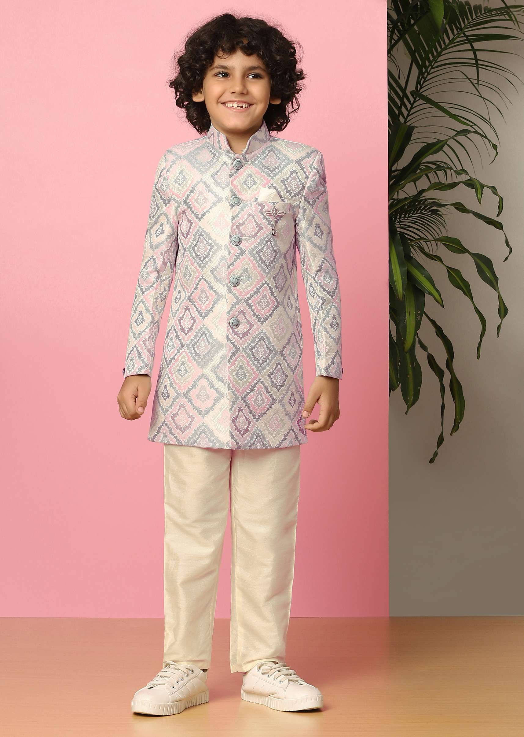 Kalki Grey Printed Sherwani Set In Silk For Boys - Image 3