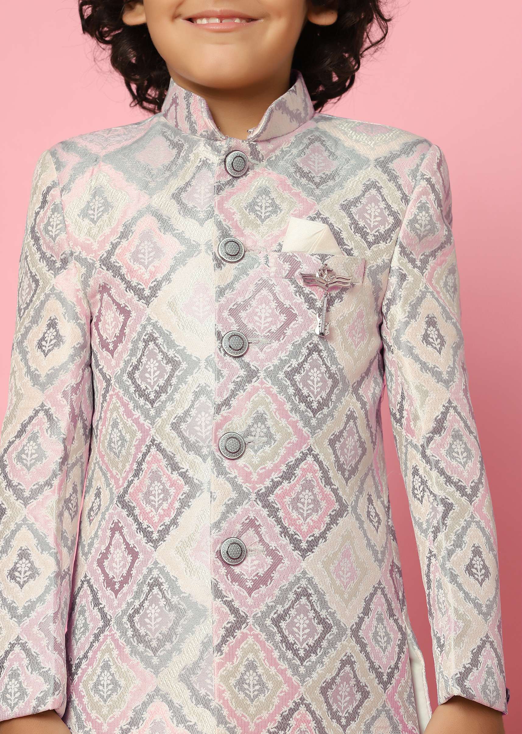 Kalki Grey Printed Sherwani Set In Silk For Boys - Image 4