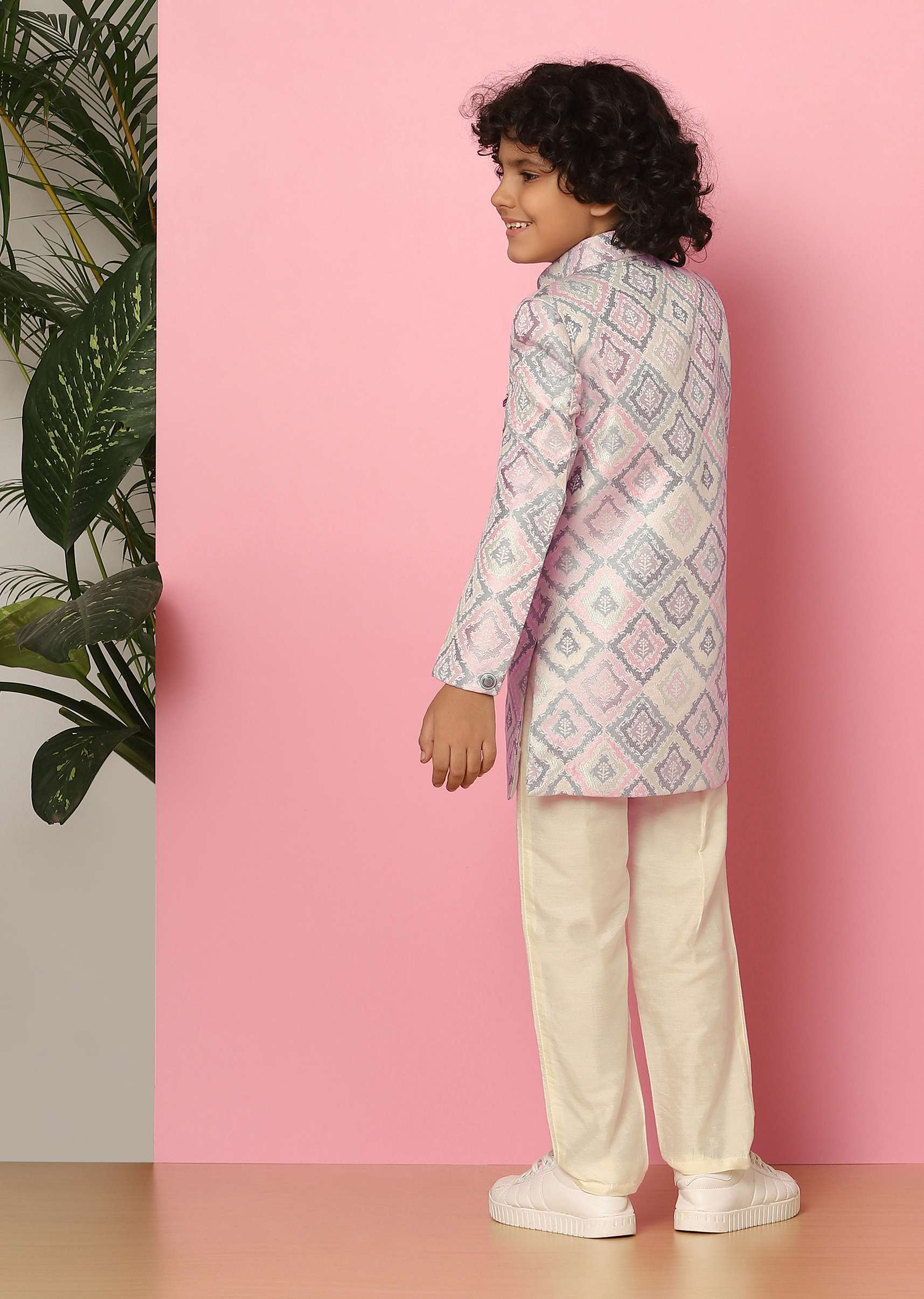 Kalki Grey Printed Sherwani Set In Silk For Boys - Image 5