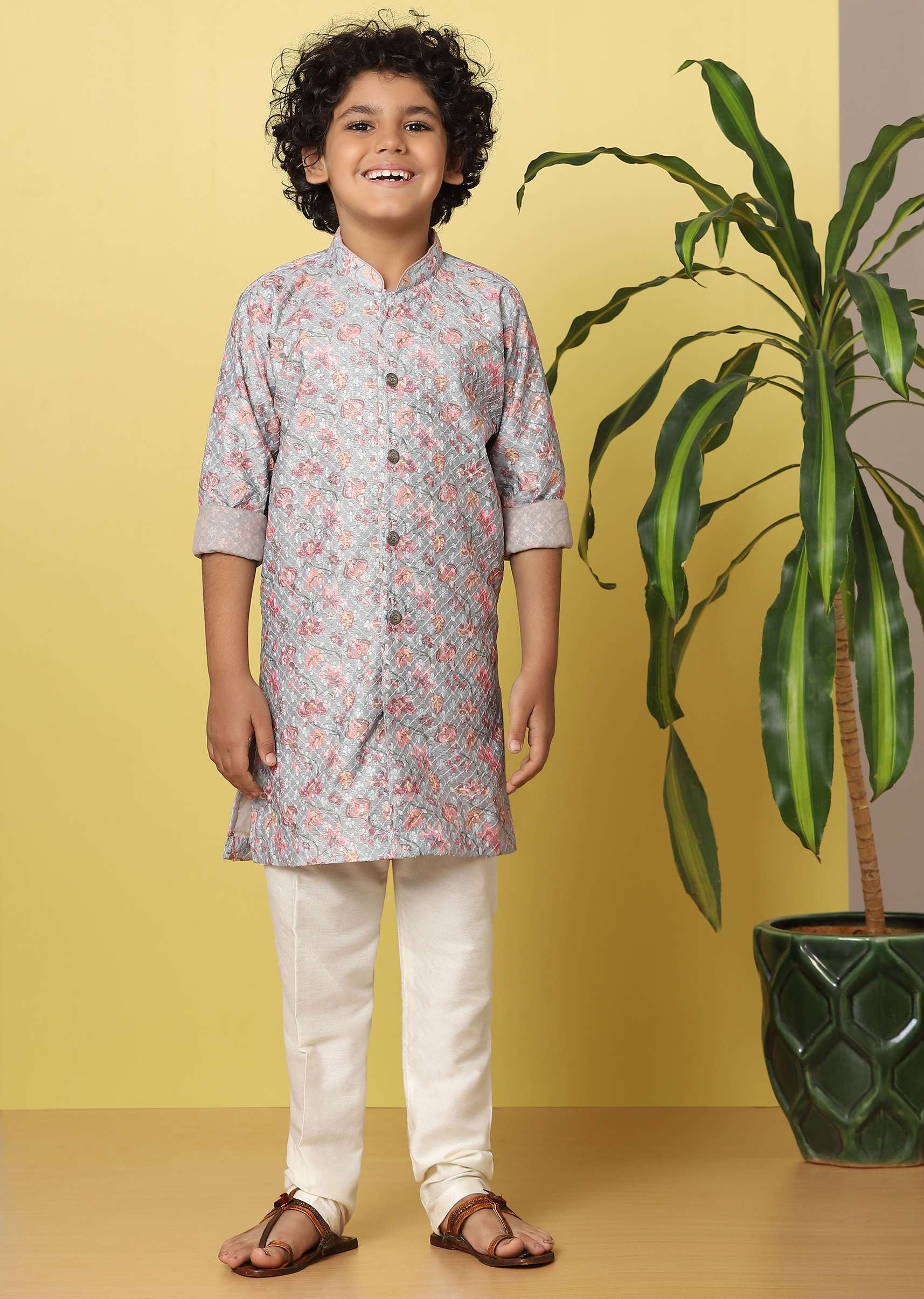 Kalki Lavender Purple Kurta Set For Boys In Silk With Floral Print - Image 3