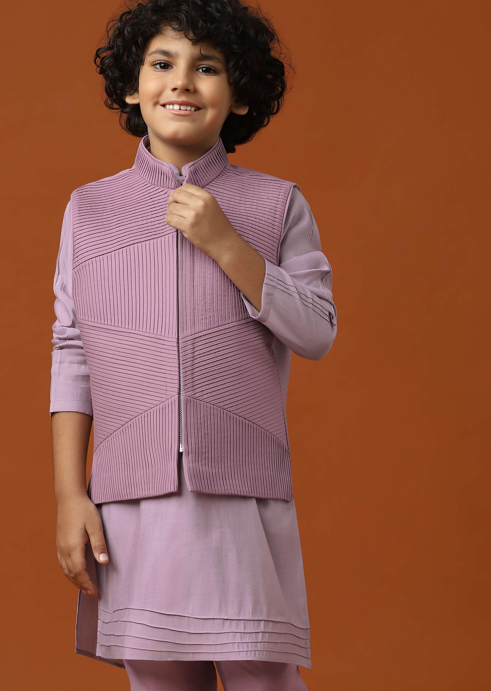 Kalki Mauve Purple Embroidered Kurta Jacket Set For Boys - Image 2