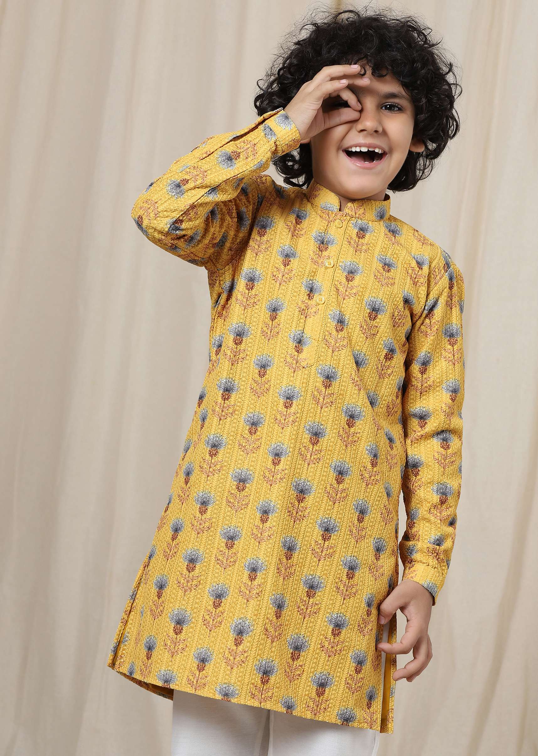 Kalki Mimosa Yellow Kurta Set In Silk With Threadwork For Boys - Image 2
