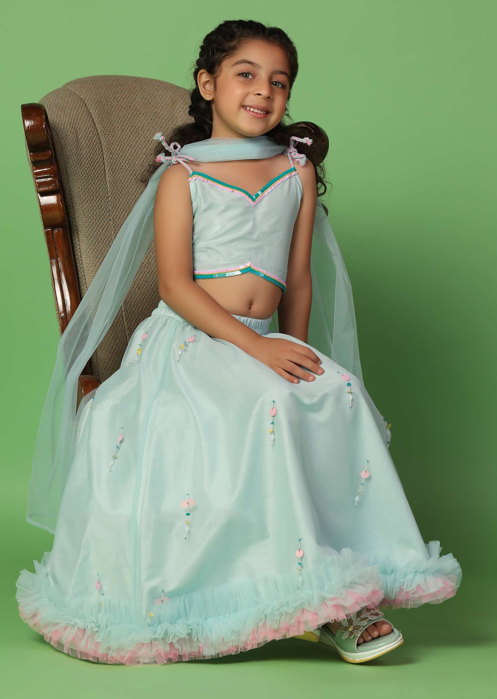 Kalki Mint Blue Embroidered Blouse And Lehenga Set In Net For Girls - Image 3