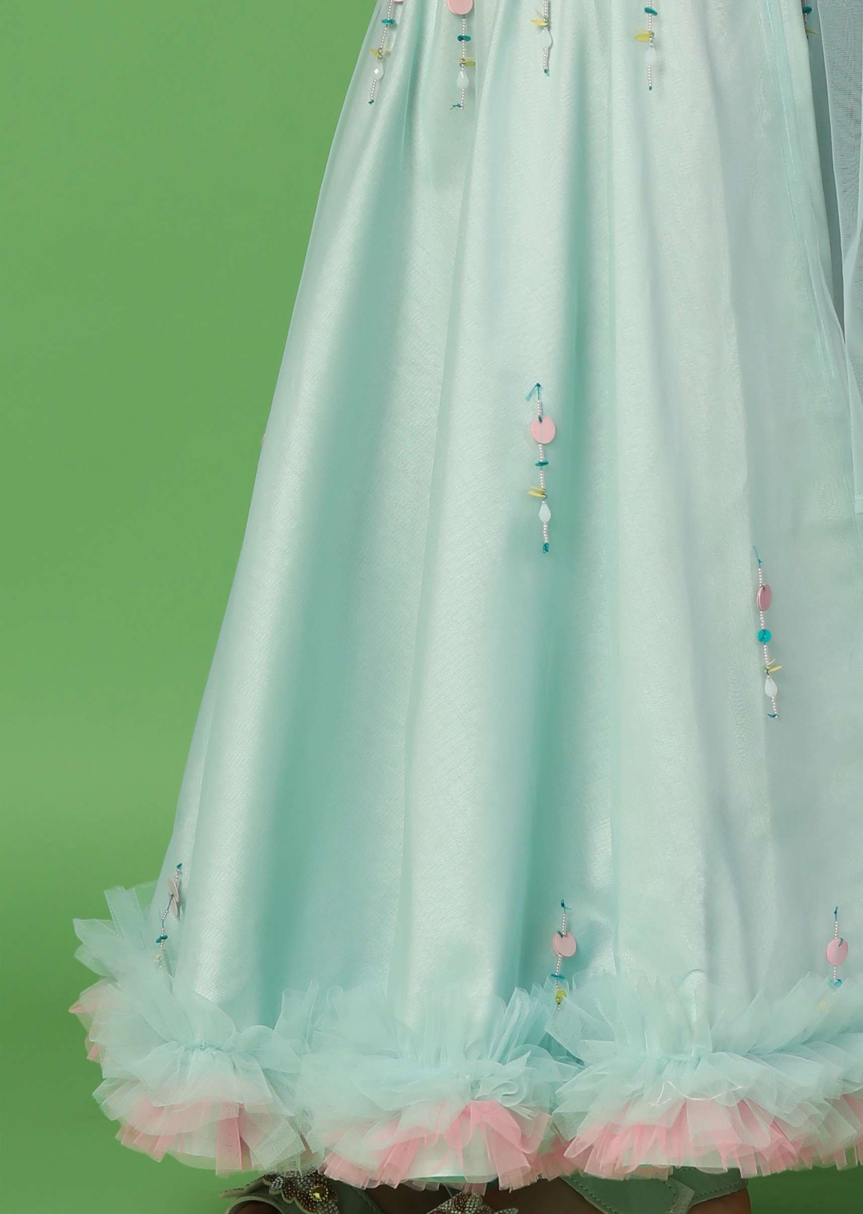 Kalki Mint Blue Embroidered Blouse And Lehenga Set In Net For Girls - Image 4