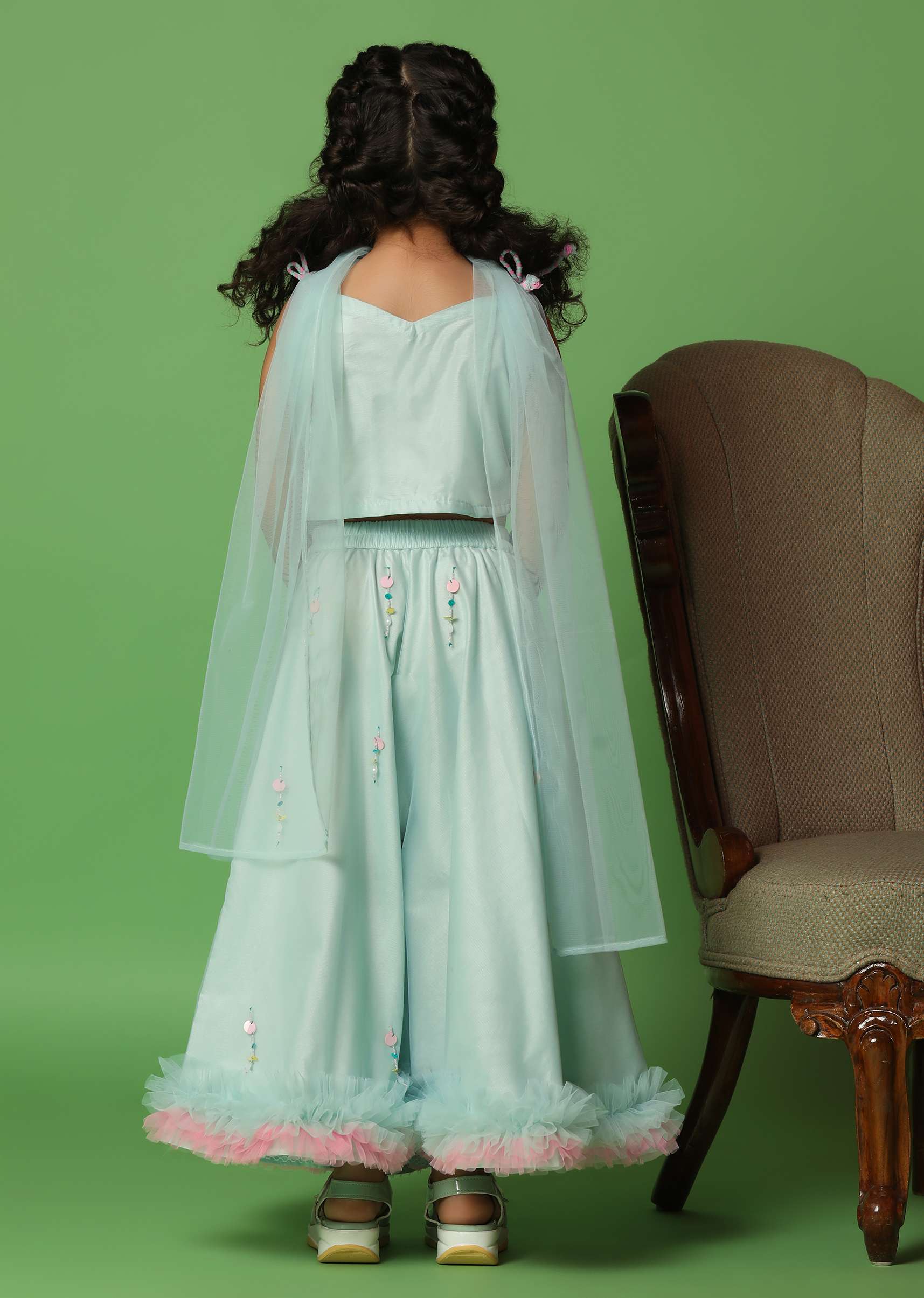 Kalki Mint Blue Embroidered Blouse And Lehenga Set In Net For Girls - Image 5