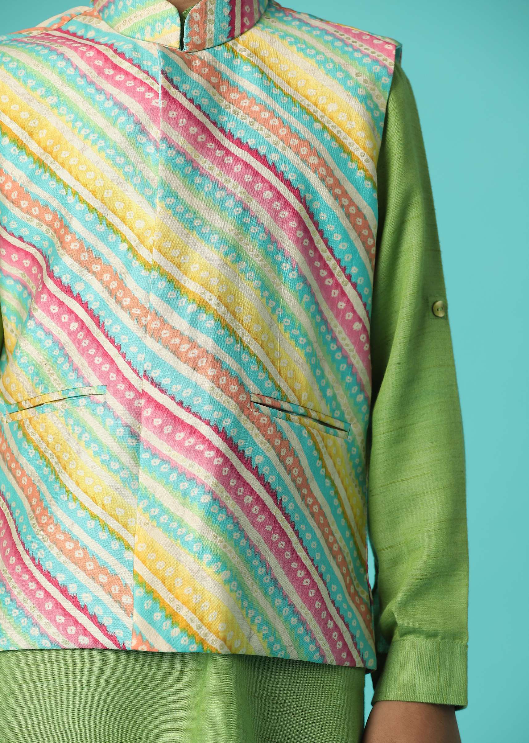 Kalki Moss Green Printed Kurta Jacket Set In Silk For Boys - Image 2
