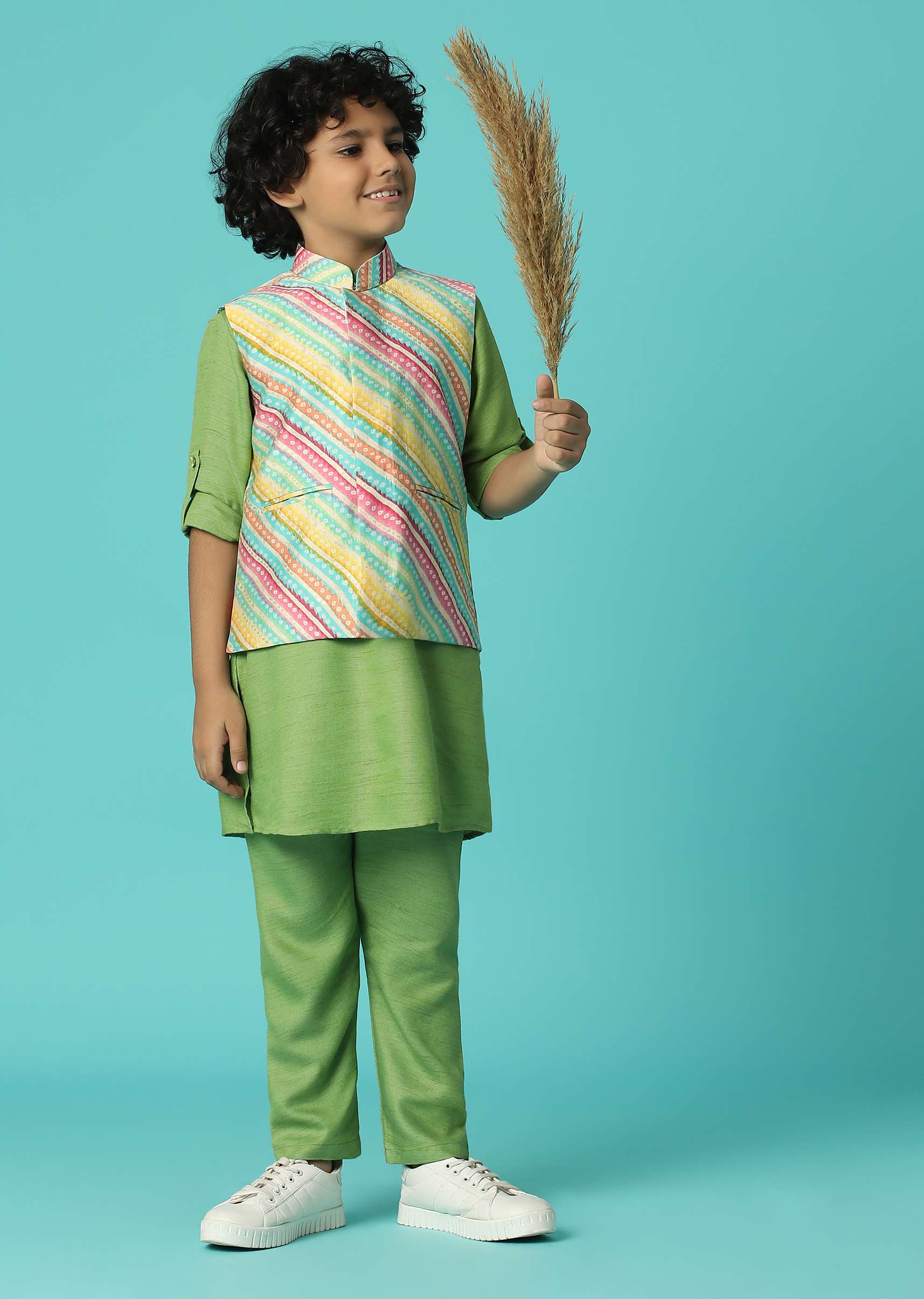 Kalki Moss Green Printed Kurta Jacket Set In Silk For Boys - Image 3