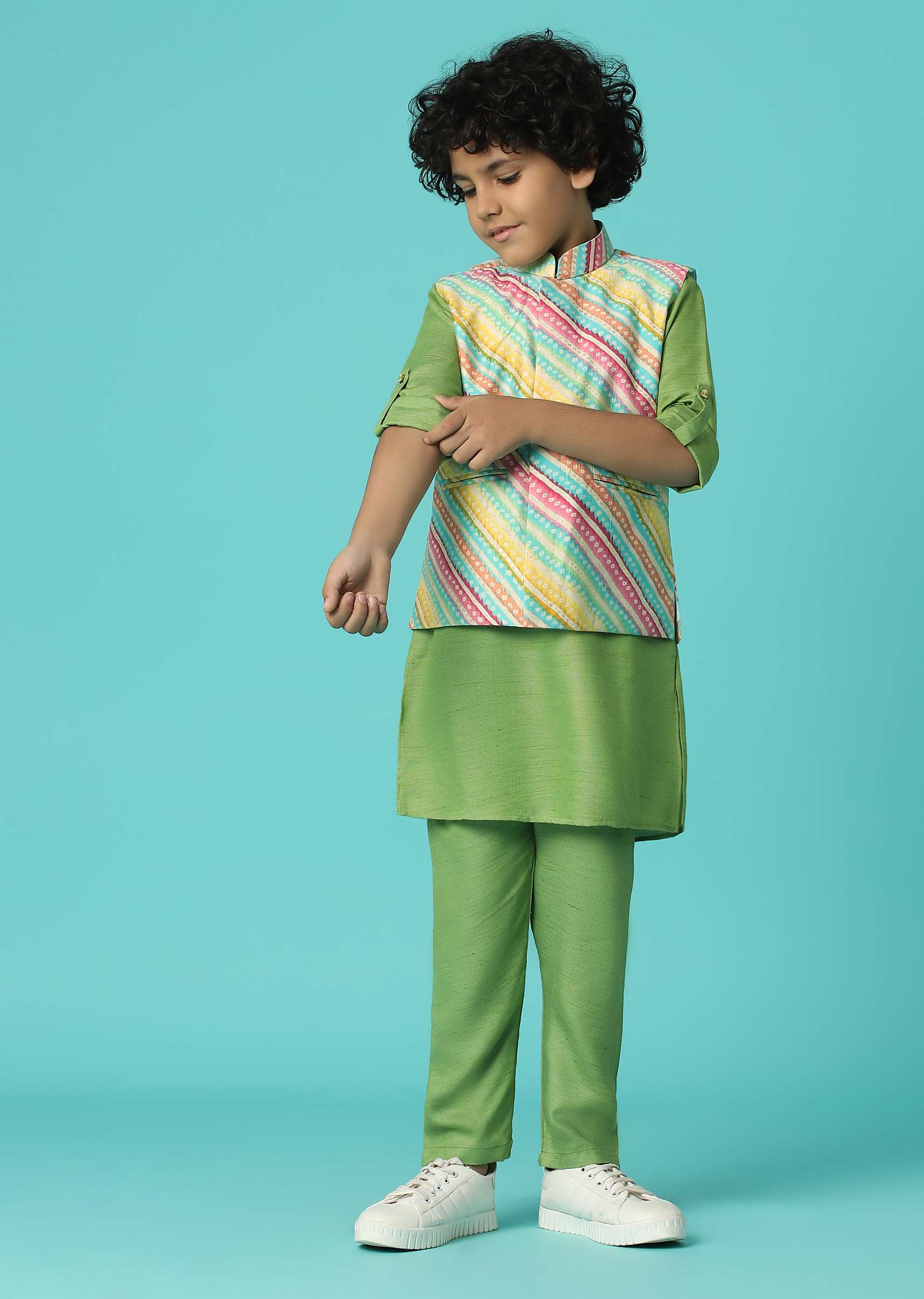 Kalki Moss Green Printed Kurta Jacket Set In Silk For Boys - Image 5