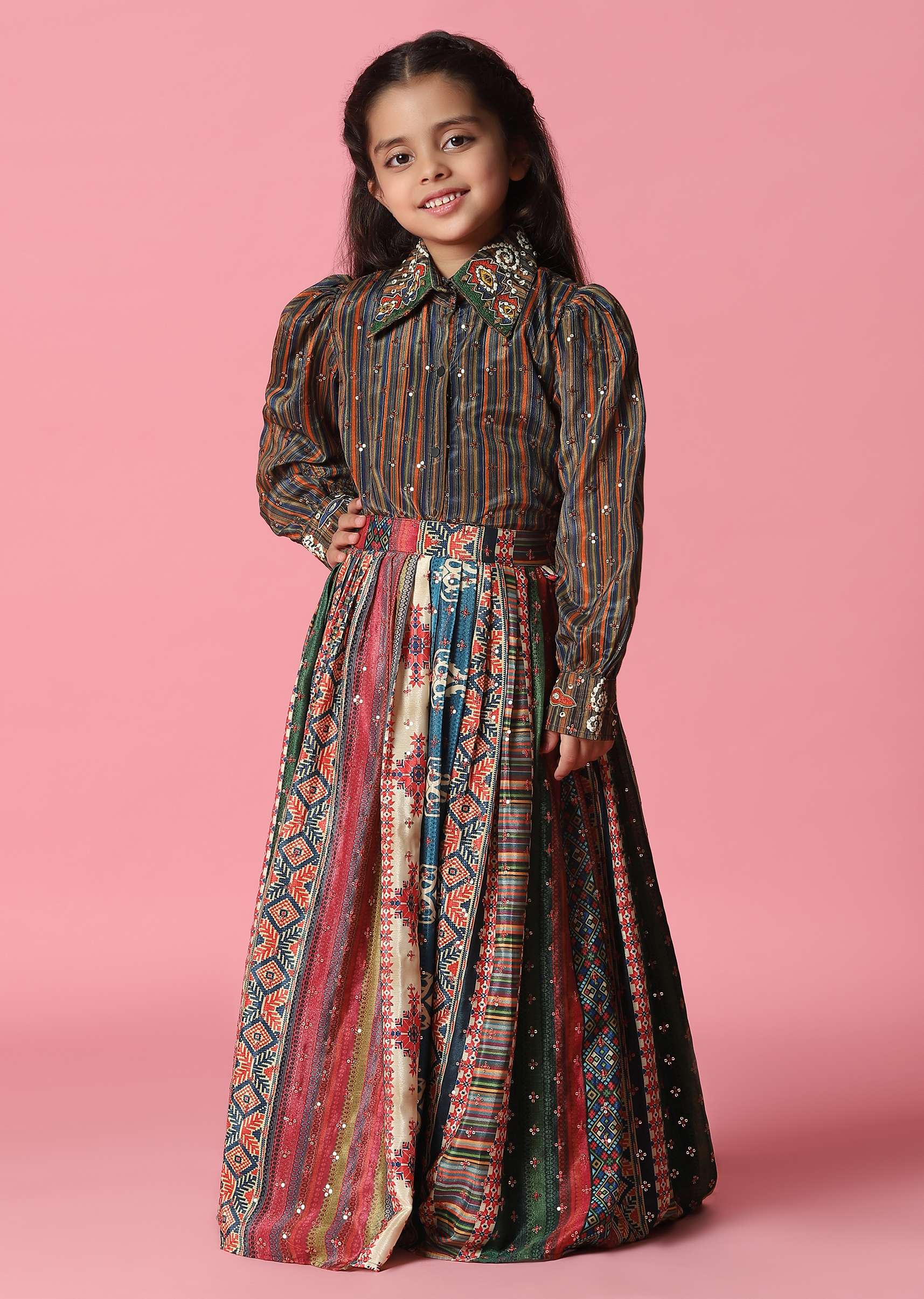 Kalki Multicolor Embroidered Skirt And Top Set In Satin Blend For Girls - Image 3