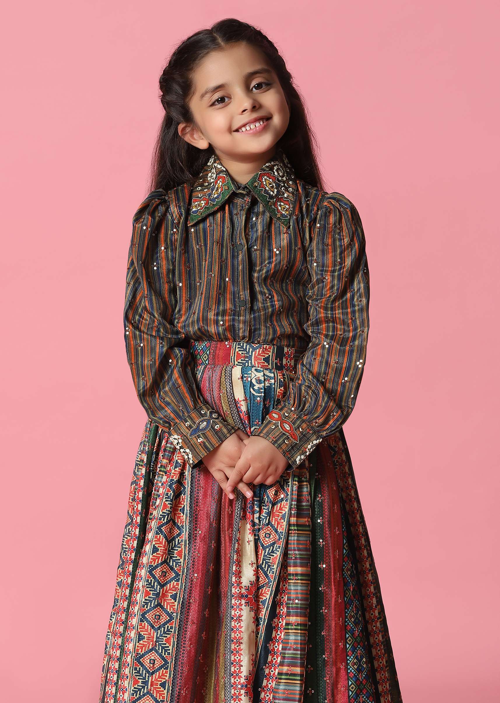 Kalki Multicolor Embroidered Skirt And Top Set In Satin Blend For Girls - Image 4