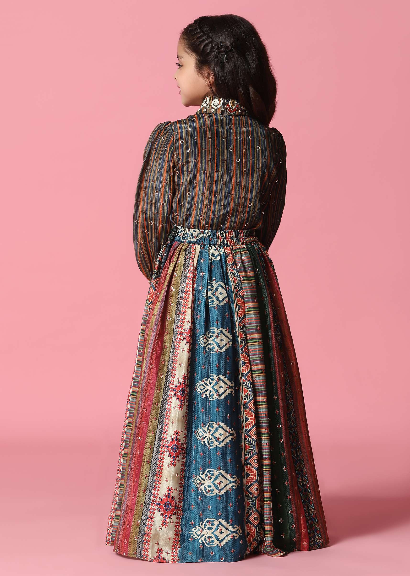 Kalki Multicolor Embroidered Skirt And Top Set In Satin Blend For Girls - Image 5