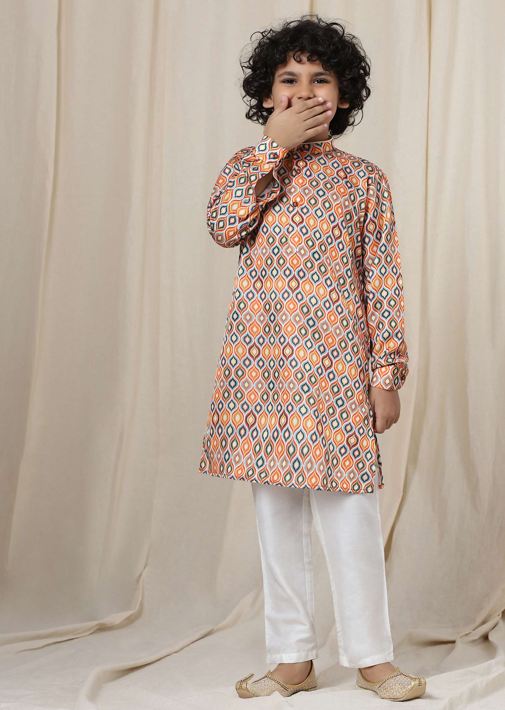 Kalki Multicolor Kurta Set In Silk With Ikkat Print For Boys - Image 3