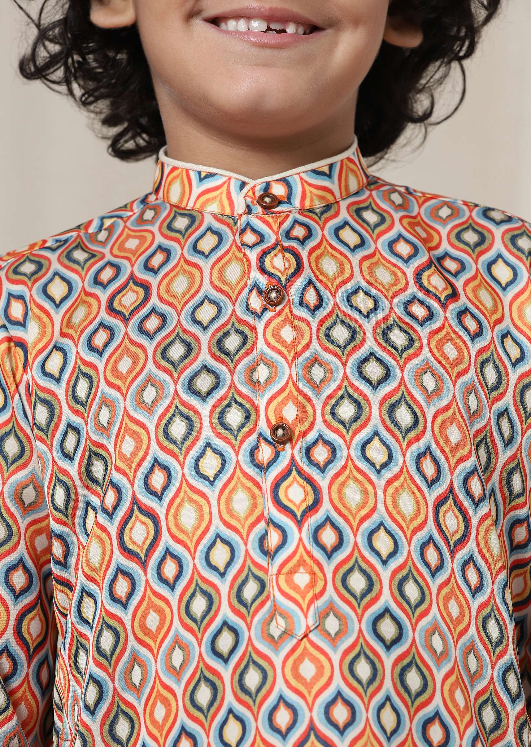 Kalki Multicolor Kurta Set In Silk With Ikkat Print For Boys - Image 4