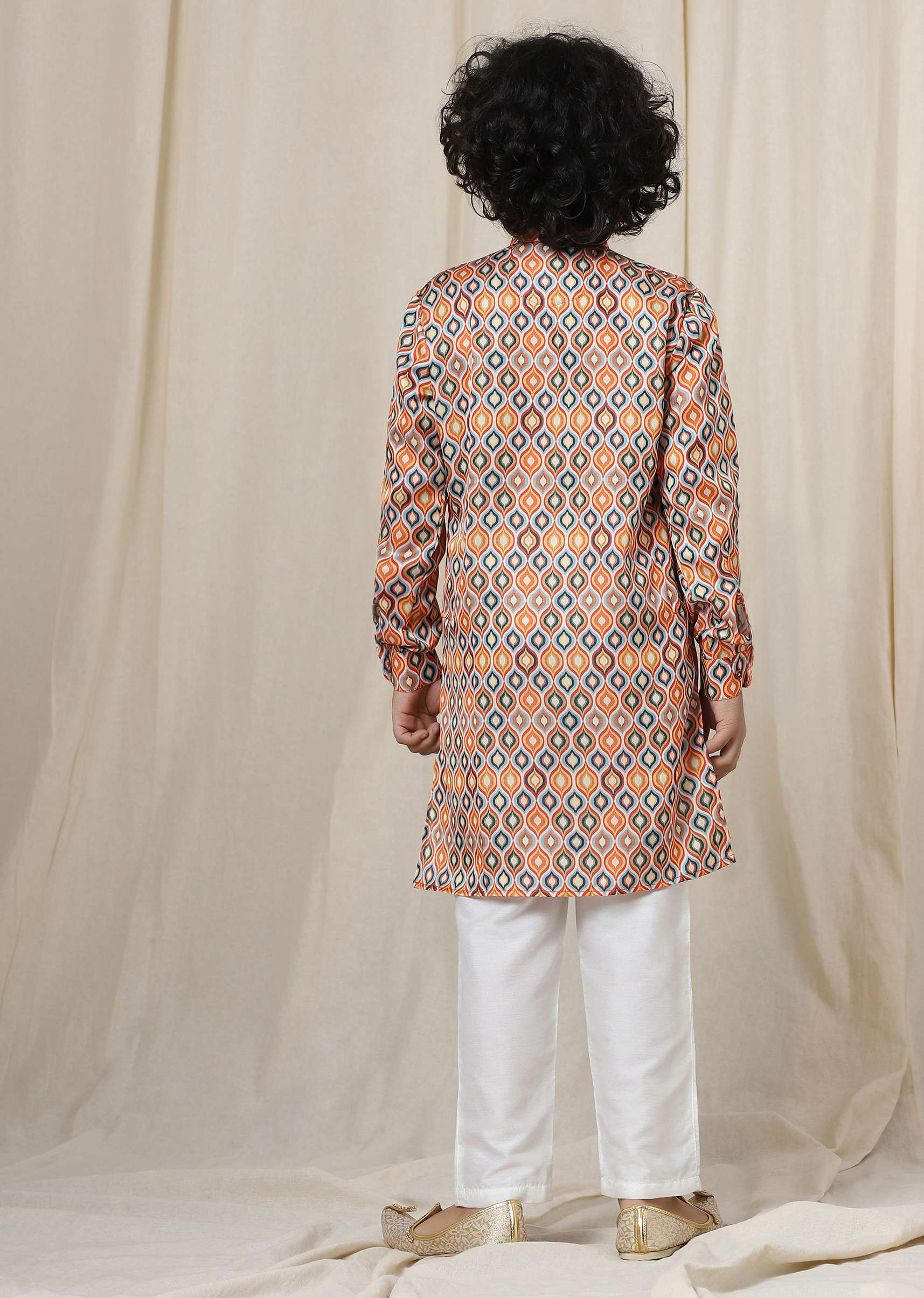 Kalki Multicolor Kurta Set In Silk With Ikkat Print For Boys - Image 5