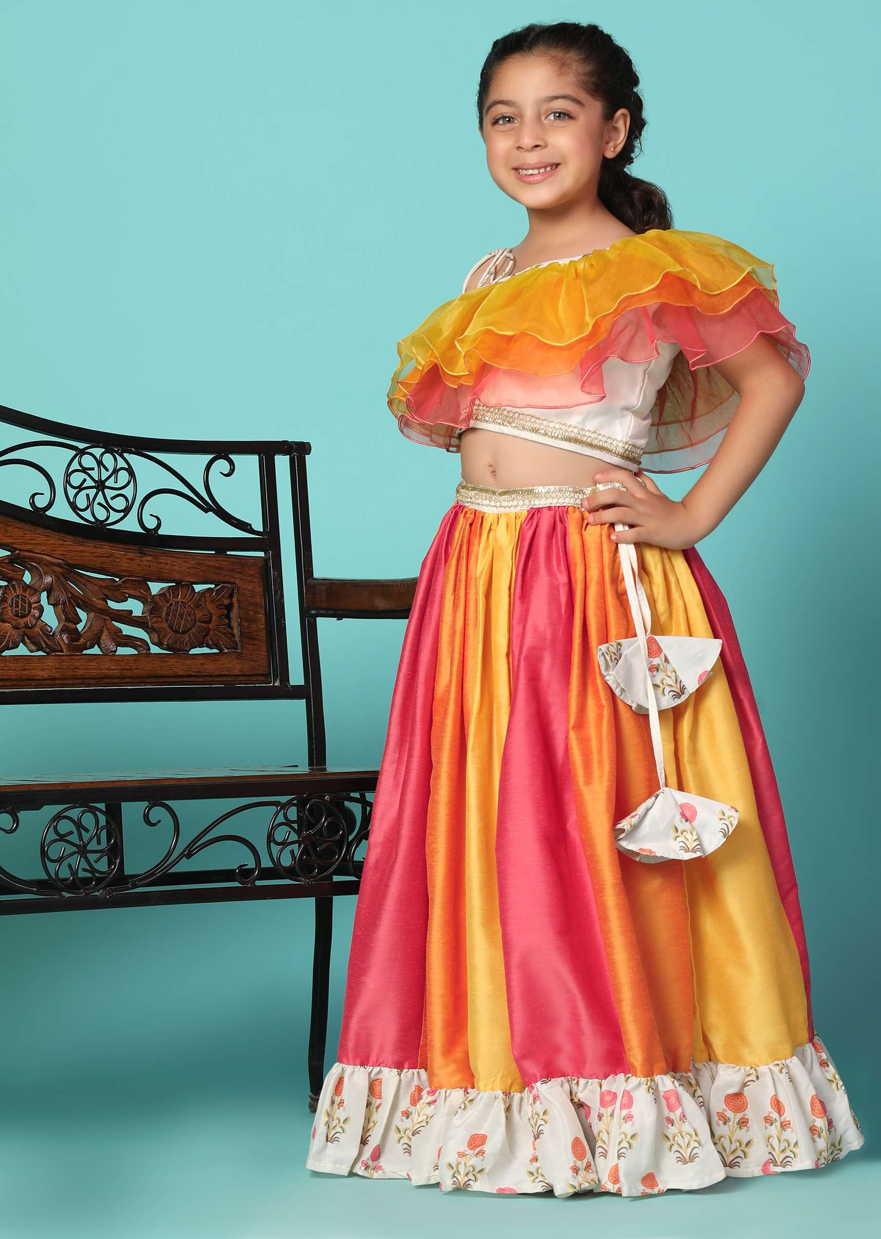 Kalki Multicolor Printed Top And Lehenga Set In Cotton Silk For Girls - Image 3
