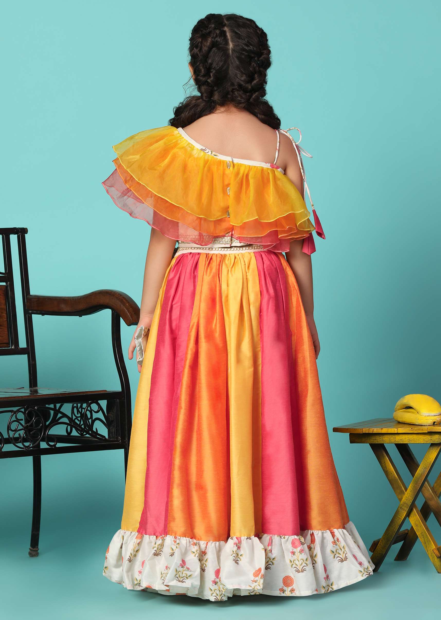 Kalki Multicolor Printed Top And Lehenga Set In Cotton Silk For Girls - Image 6