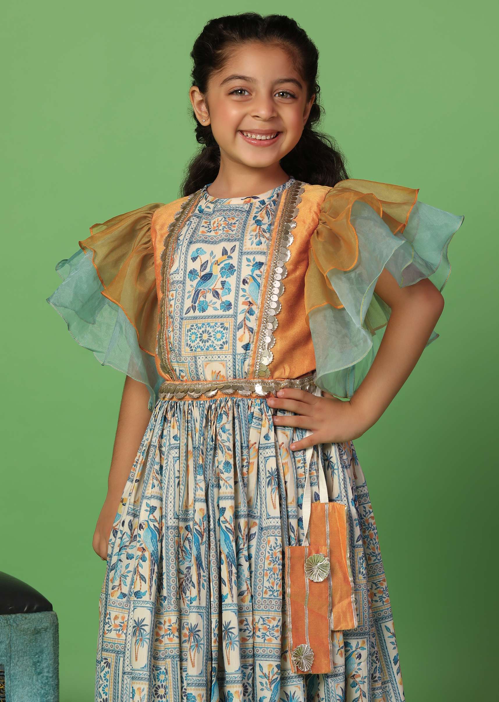 Kalki Multicolor Top And Lehenga Set In Cotton Silk For Girls - Image 2