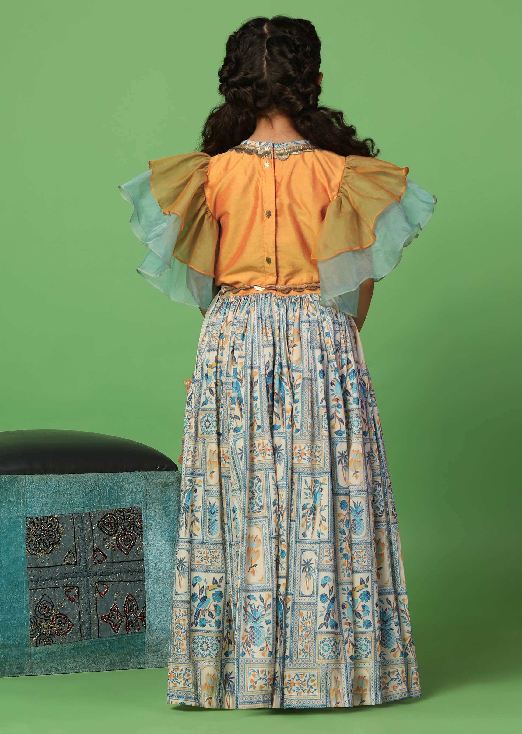 Kalki Multicolor Top And Lehenga Set In Cotton Silk For Girls - Image 5