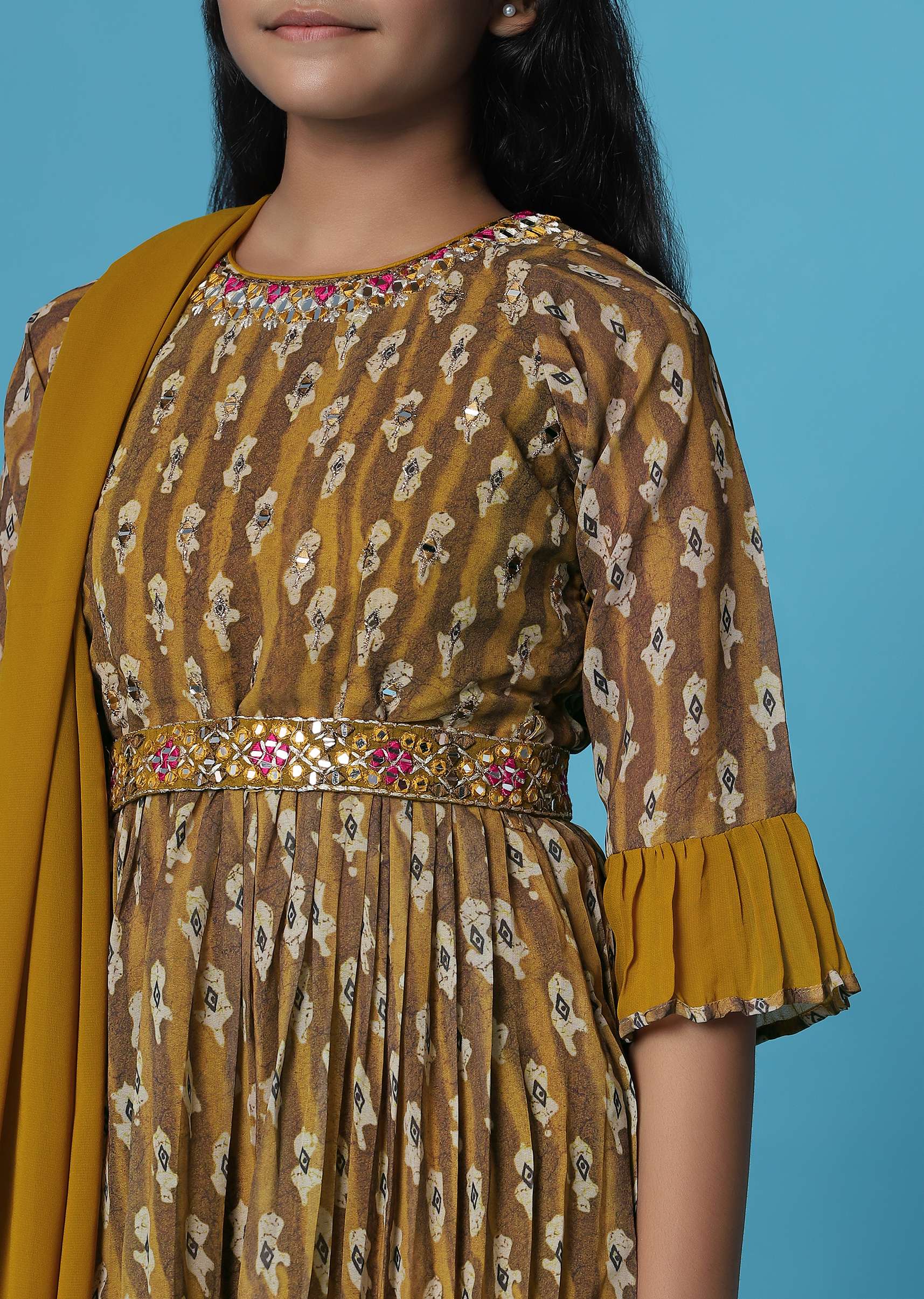 Kalki Mustard Yellow Printed Kurti And Sharara Set In Georgette For Girls - Image 5