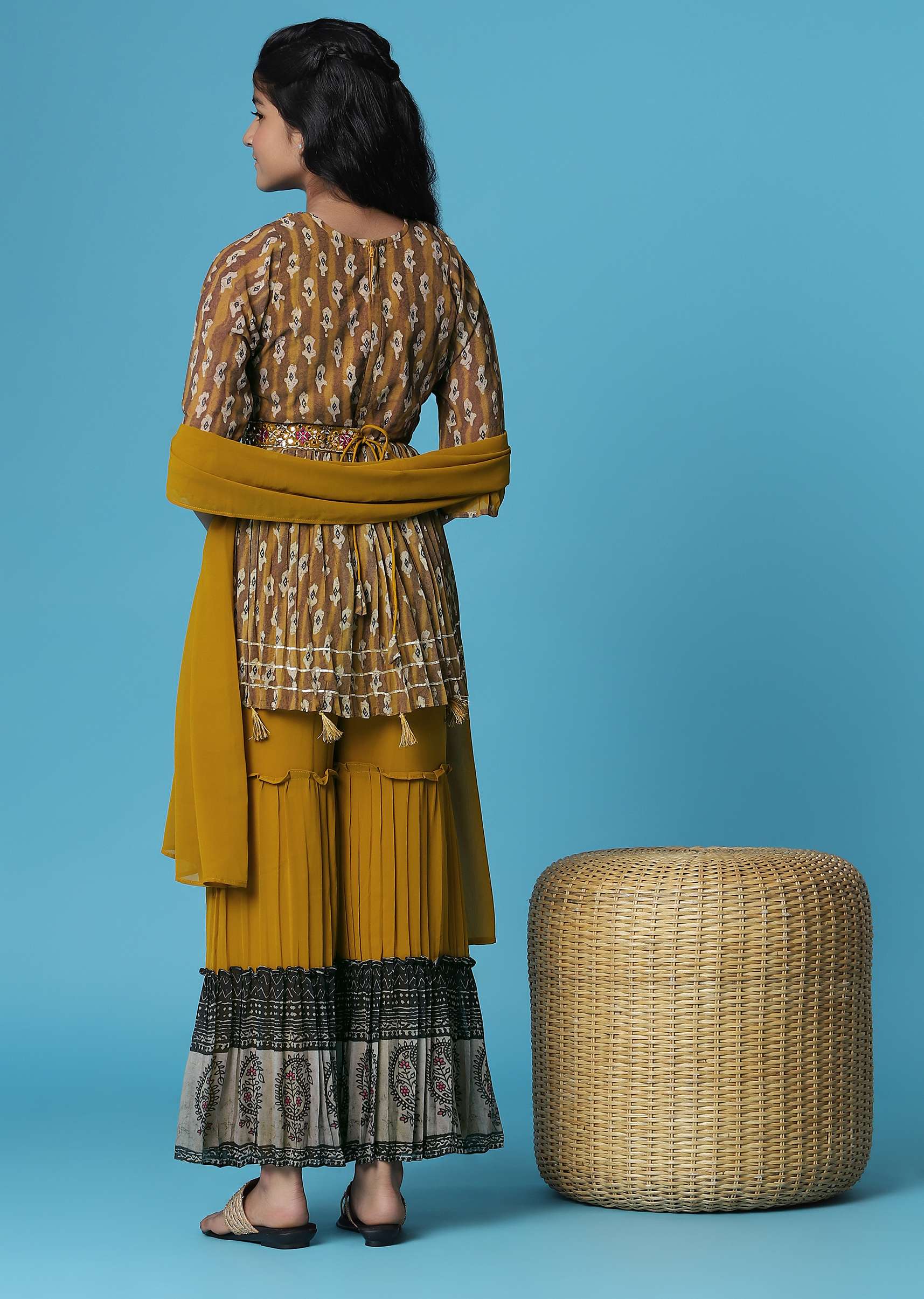Kalki Mustard Yellow Printed Kurti And Sharara Set In Georgette For Girls - Image 6