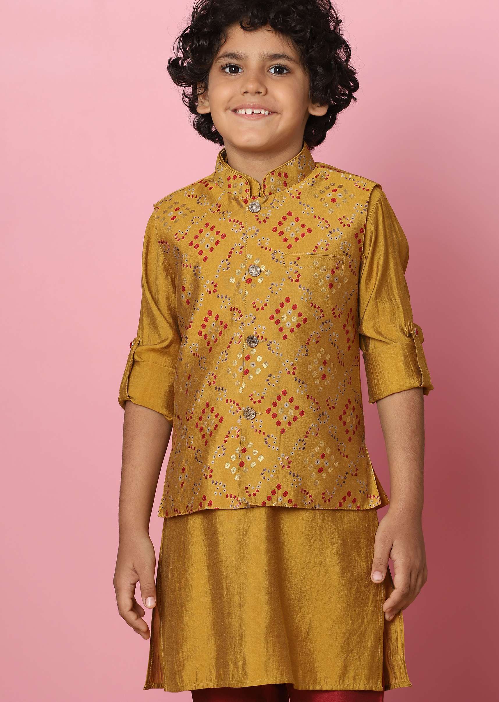 Kalki Ocher Yellow Bandi Jacket And Kurta Set With Bandhani Foil Print - Image 4