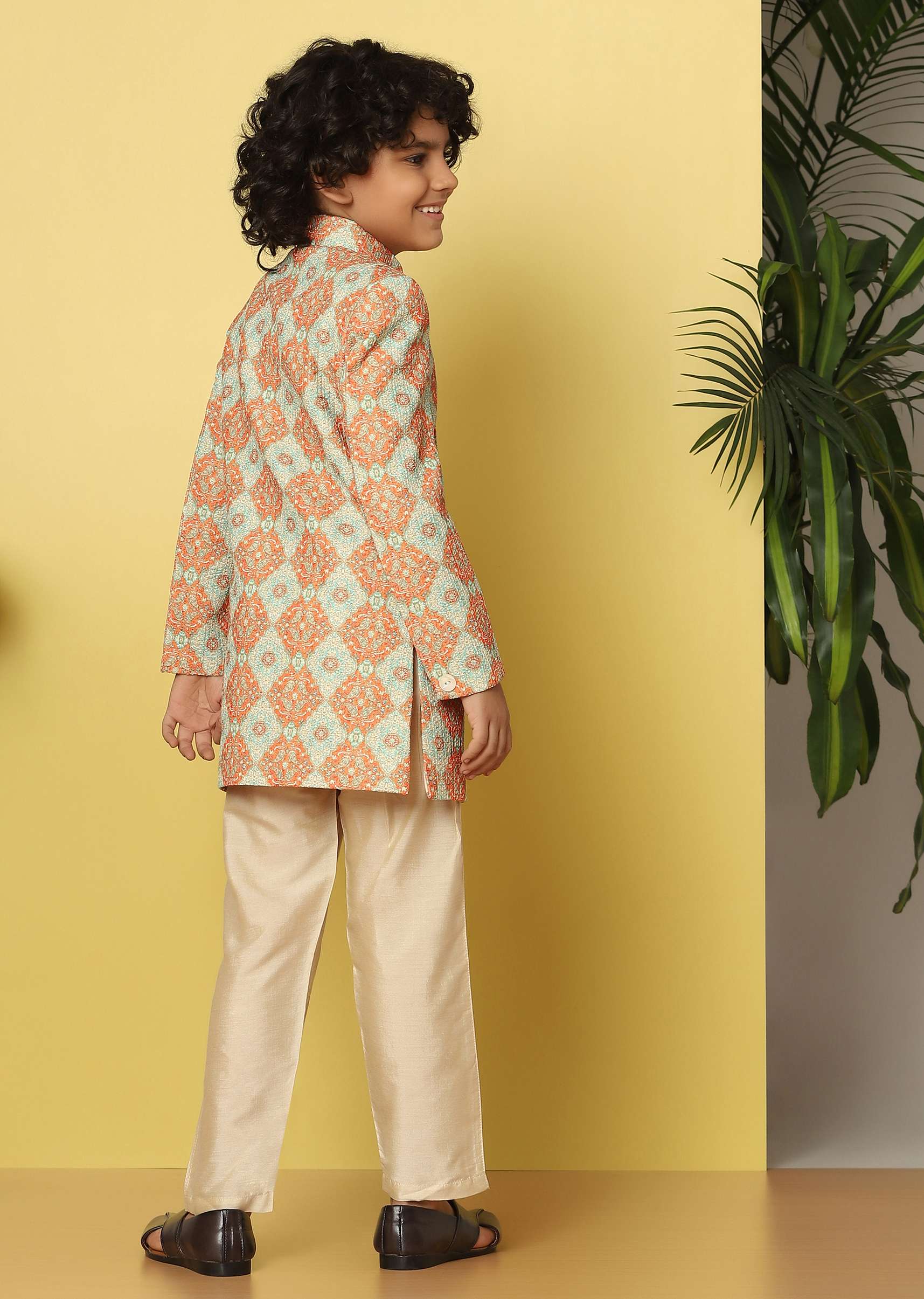 Kalki Orange Printed Sherwani Set In Silk For Boys - Image 3