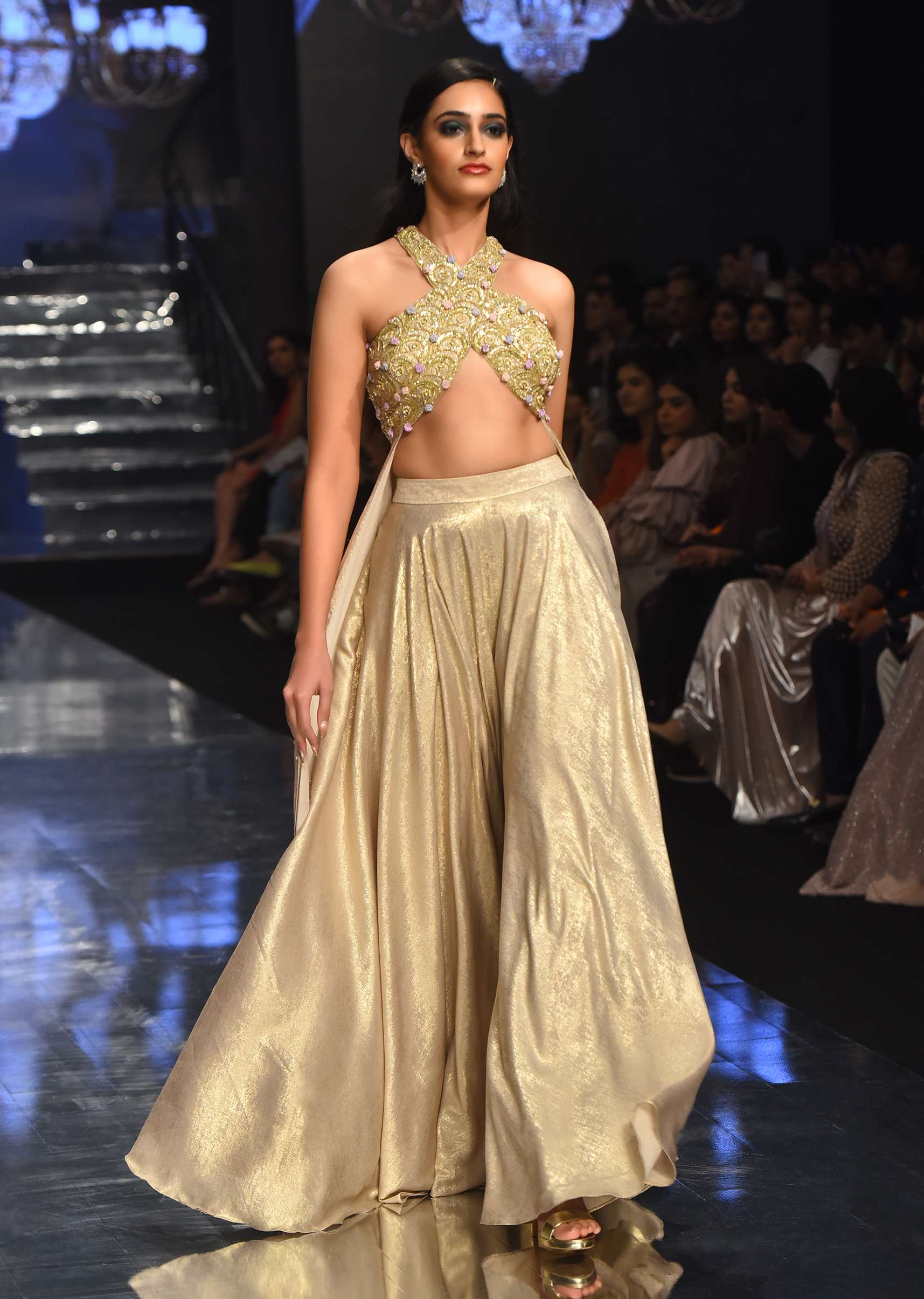 Gold Toned Palazzo Top In With Attached Cape - NOOR 2022 - Image 4