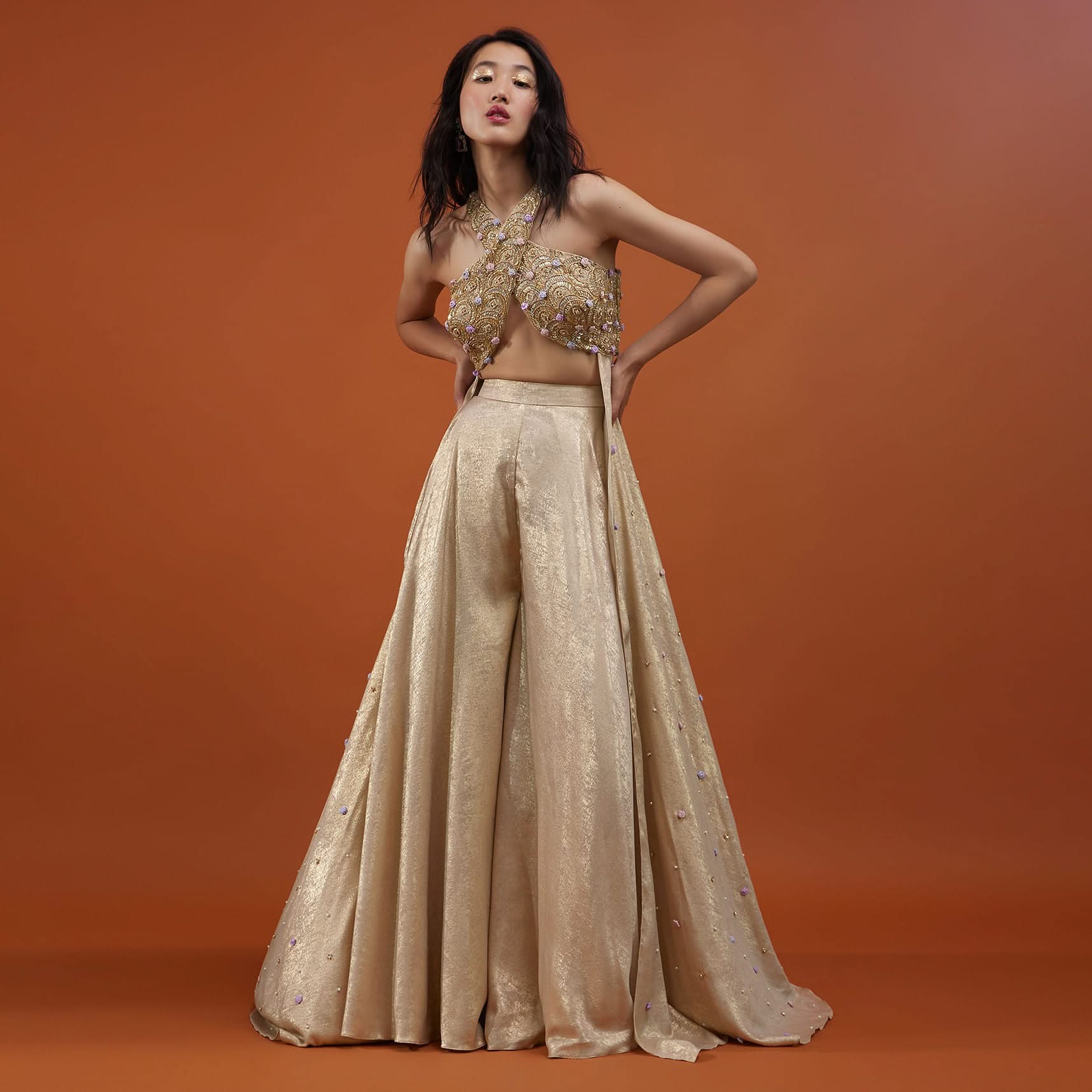 Gold Toned Palazzo Top In With Attached Cape - NOOR 2022 - Image 5
