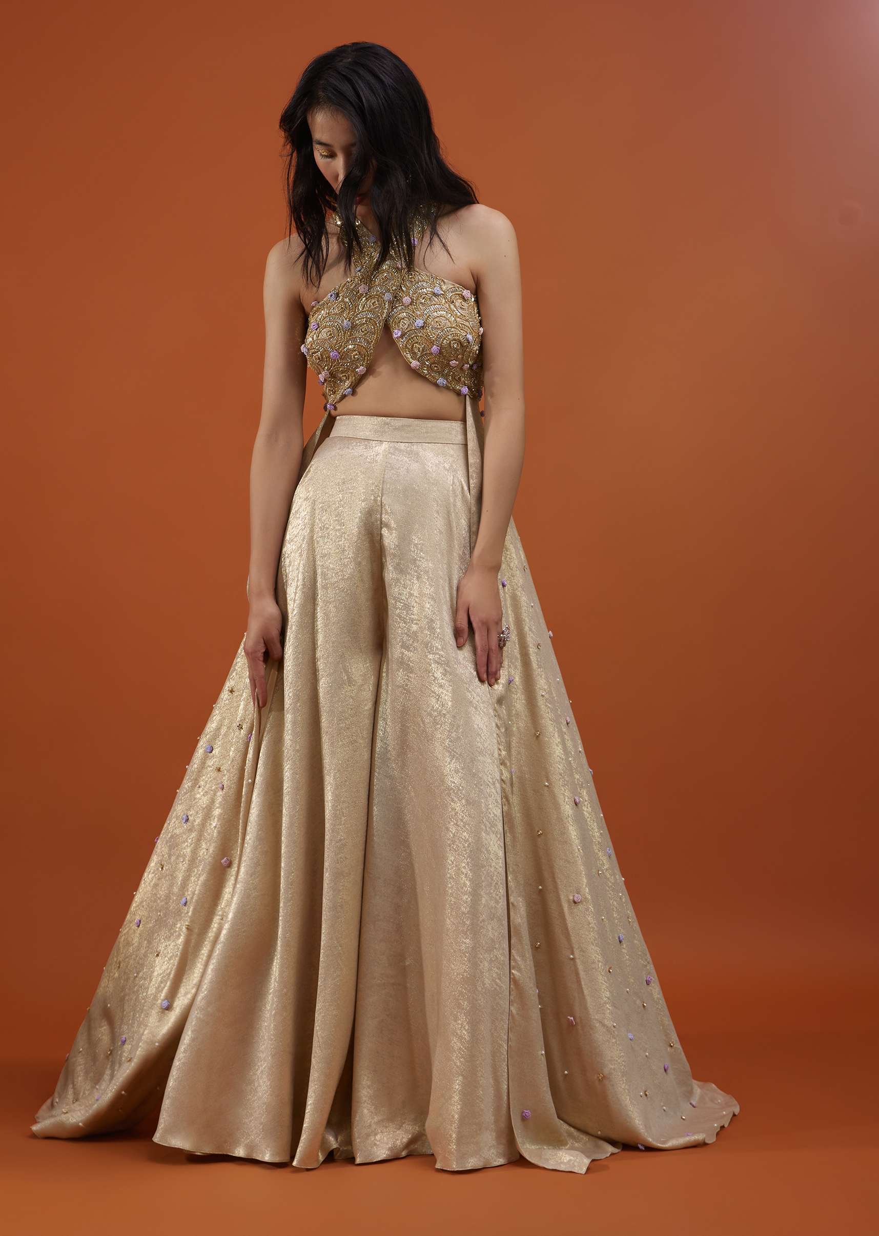 Gold Toned Palazzo Top In With Attached Cape - NOOR 2022 - Image 6