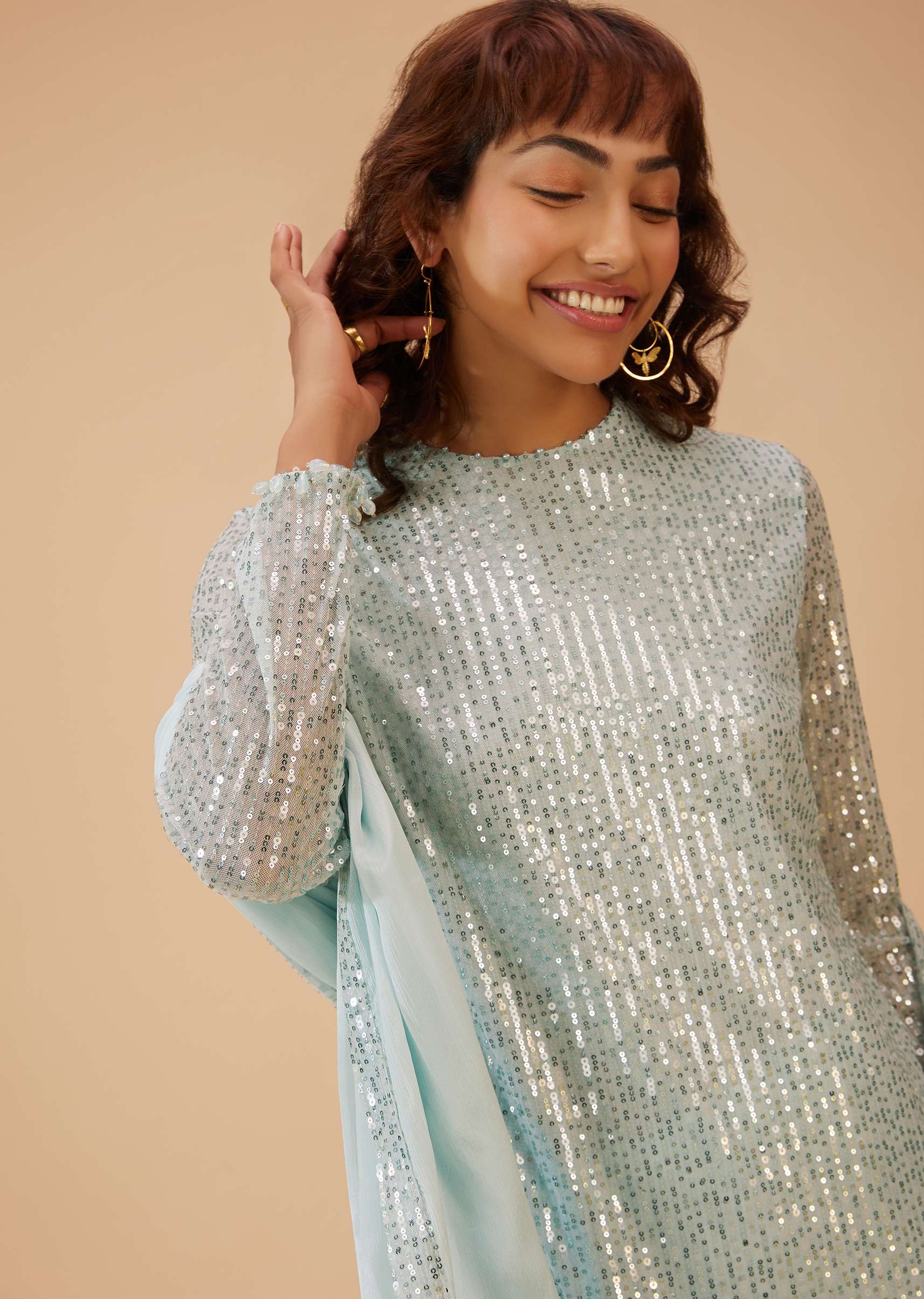 Powder Blue Palazzo Suit Set In Sequin - Image 2
