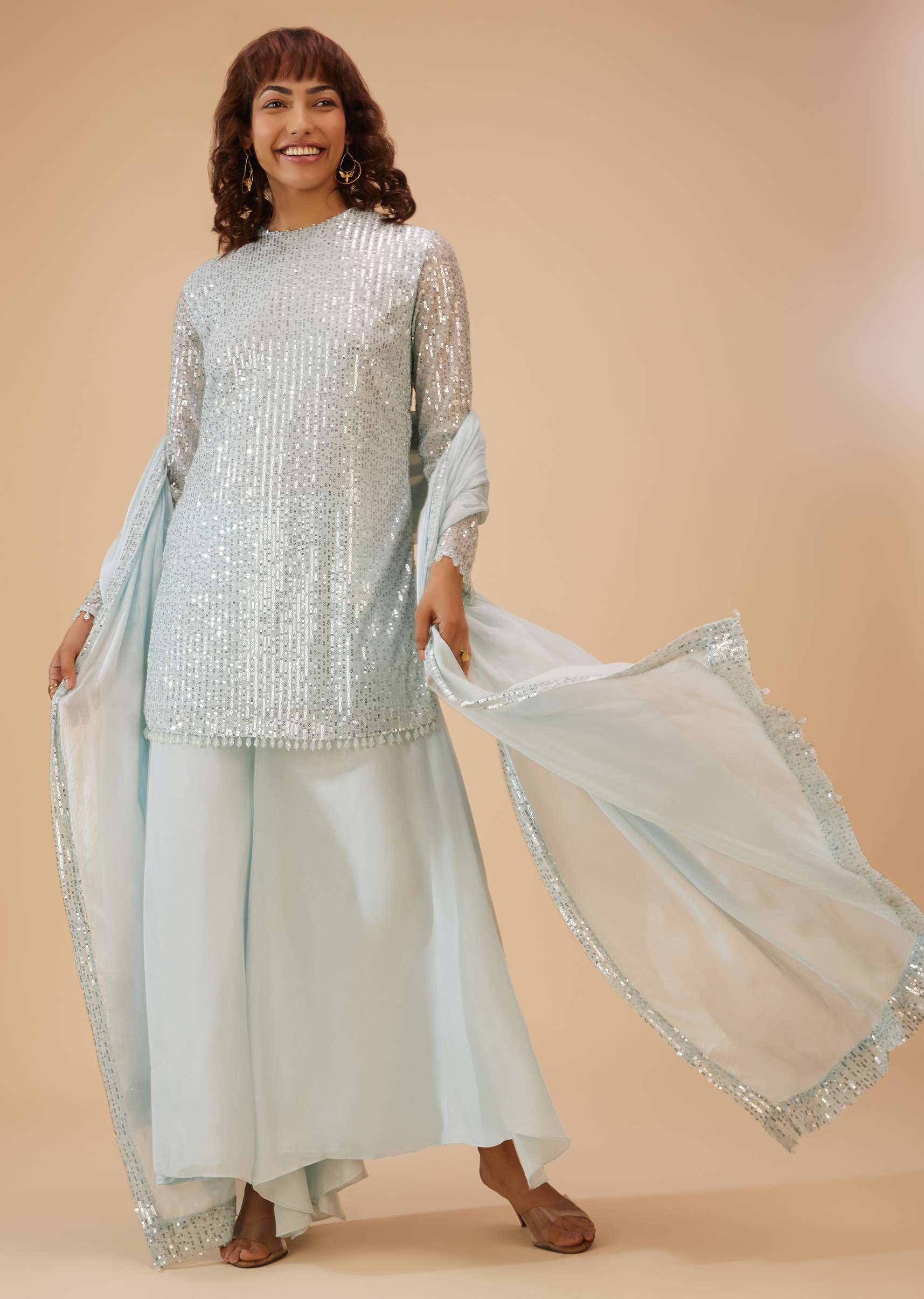 Powder Blue Palazzo Suit Set In Sequin - Image 3