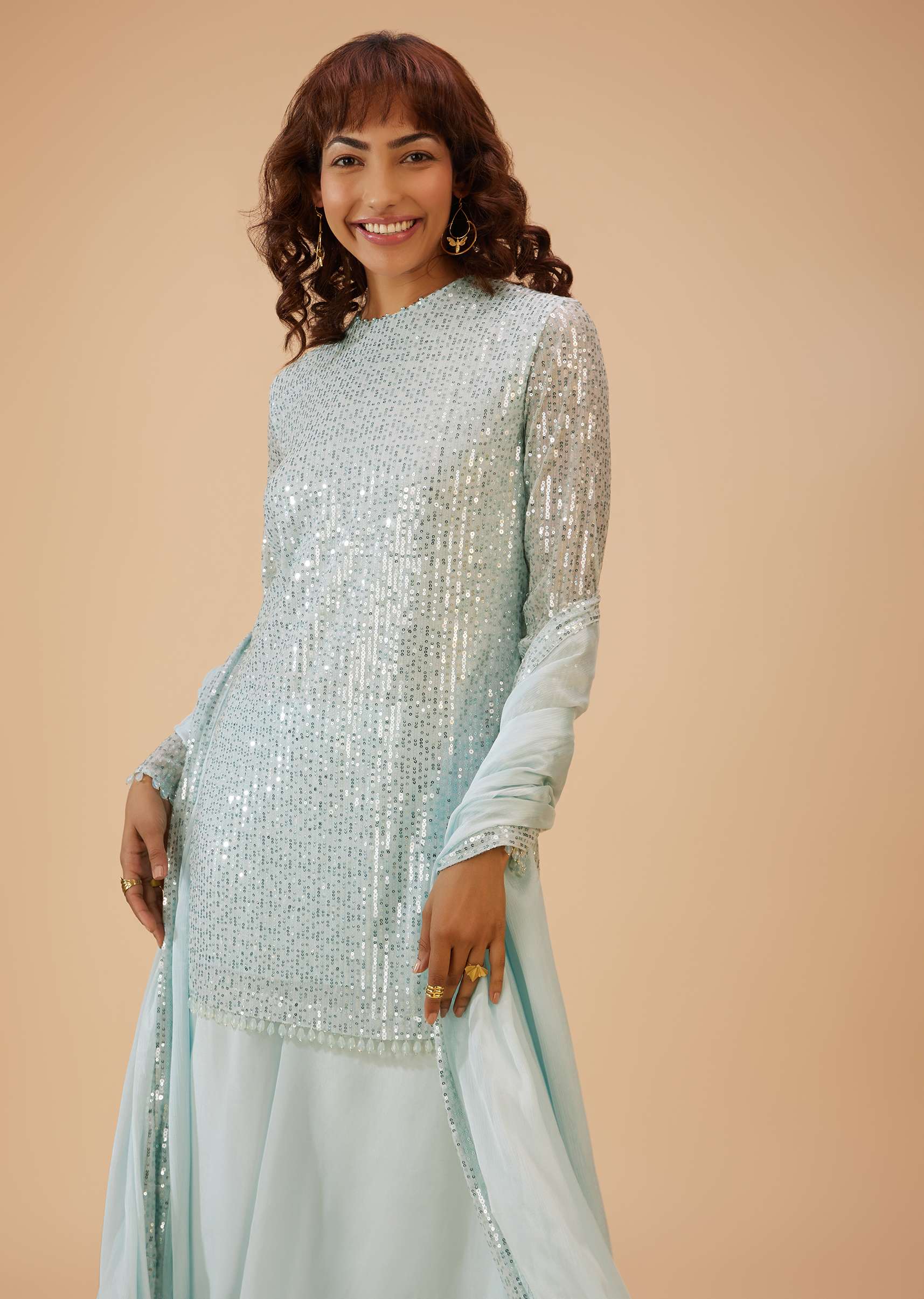 Powder Blue Palazzo Suit Set In Sequin - Image 4