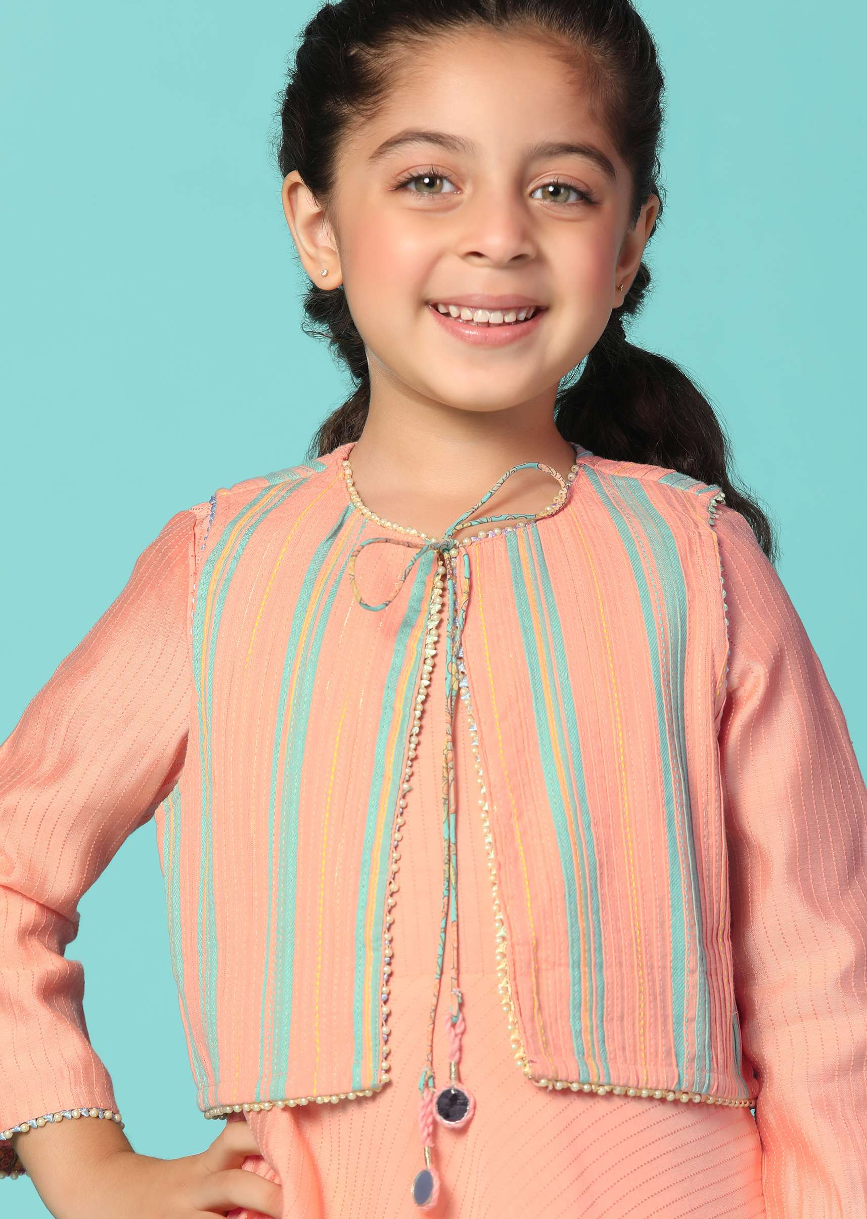 Kalki Peach Pink Printed Gown And Jacket Set In Cotton For Girls - Image 4