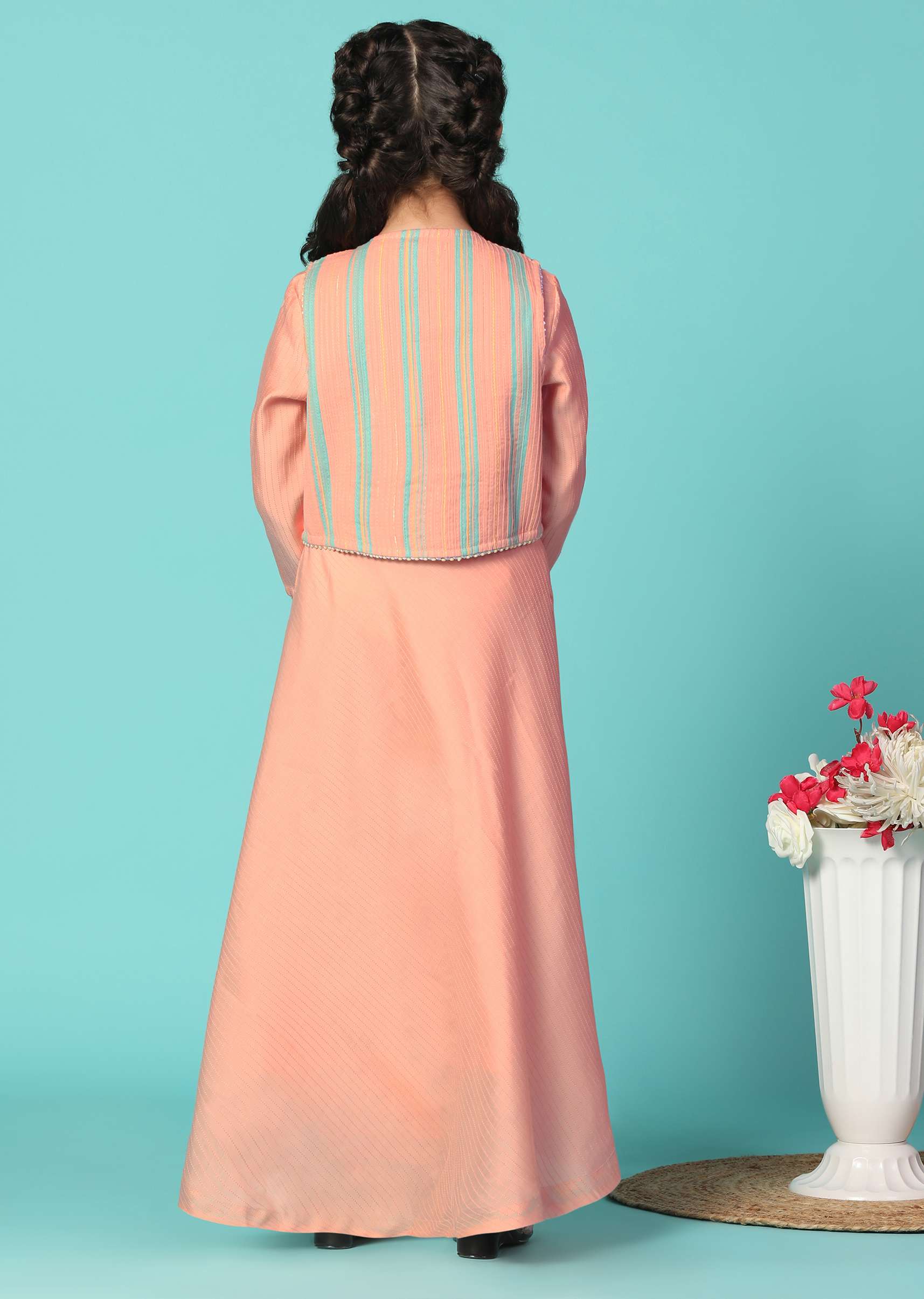 Kalki Peach Pink Printed Gown And Jacket Set In Cotton For Girls - Image 5