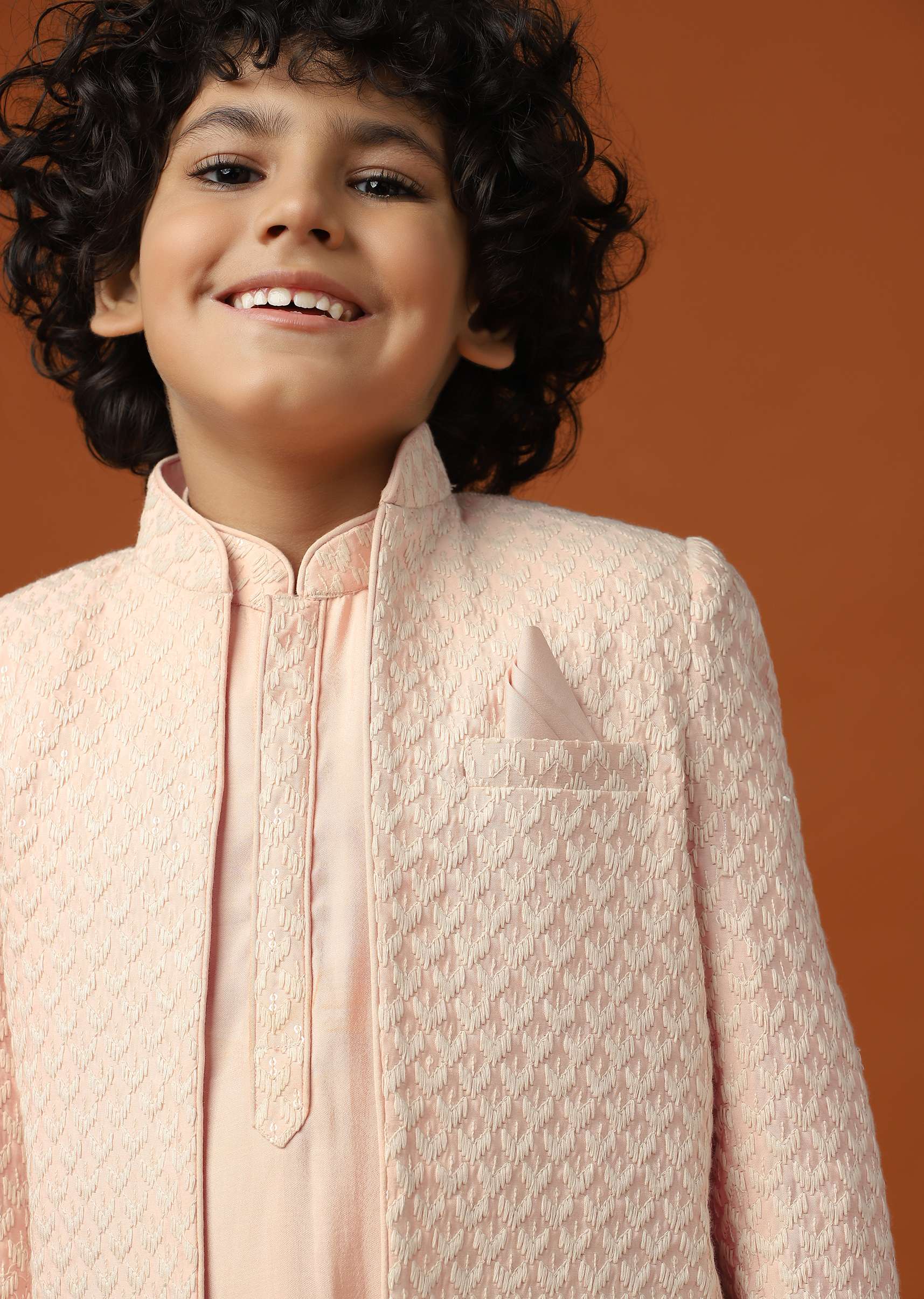 Kalki Peach Pink Sherwani Set In Silk With Threadwork For Boys - Image 4
