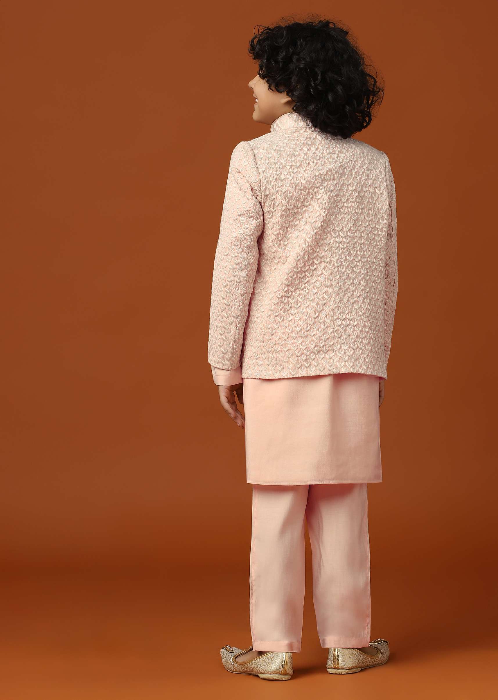 Kalki Peach Pink Sherwani Set In Silk With Threadwork For Boys - Image 5