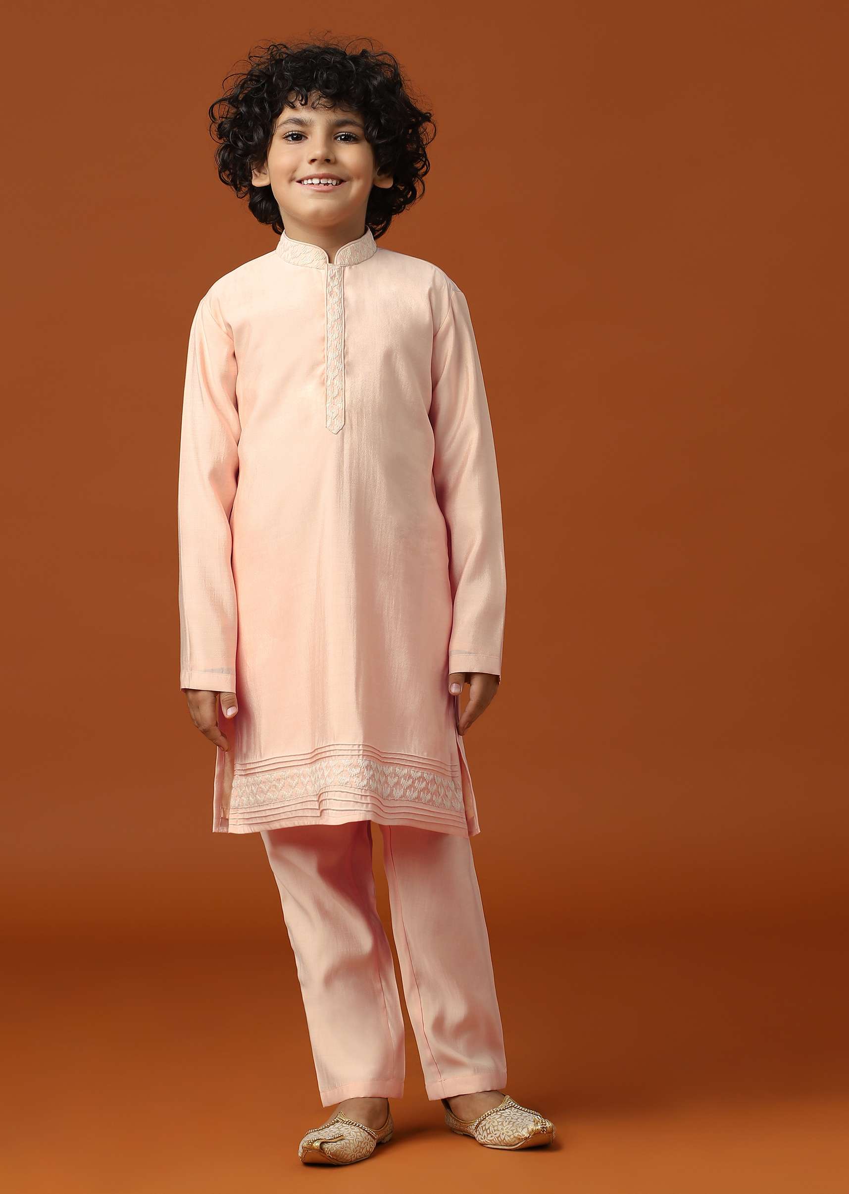 Kalki Peach Pink Sherwani Set In Silk With Threadwork For Boys - Image 6