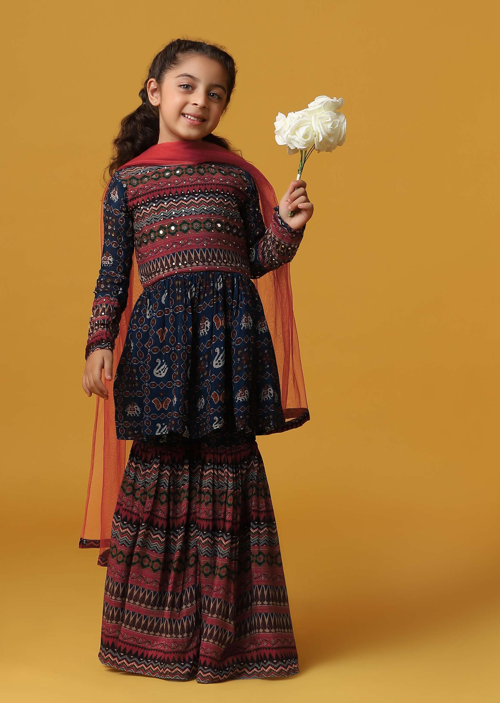 Kalki Peacock Blue Printed Kurta And Sharara Set In Georgette For Girls - Image 3
