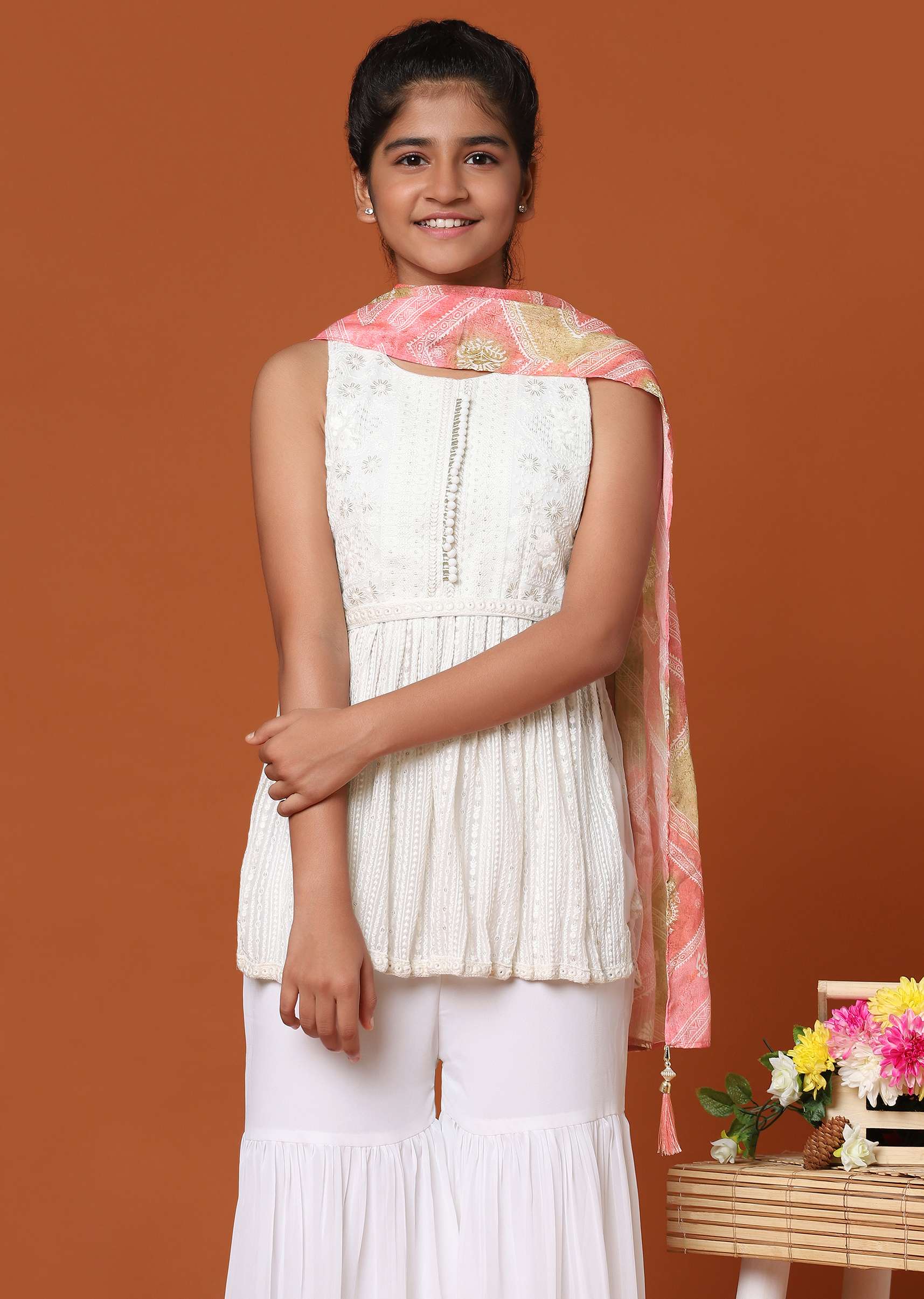Kalki Pearl White Embroidered Palazzo And Kurti Set In Georgette For Girls - Image 2