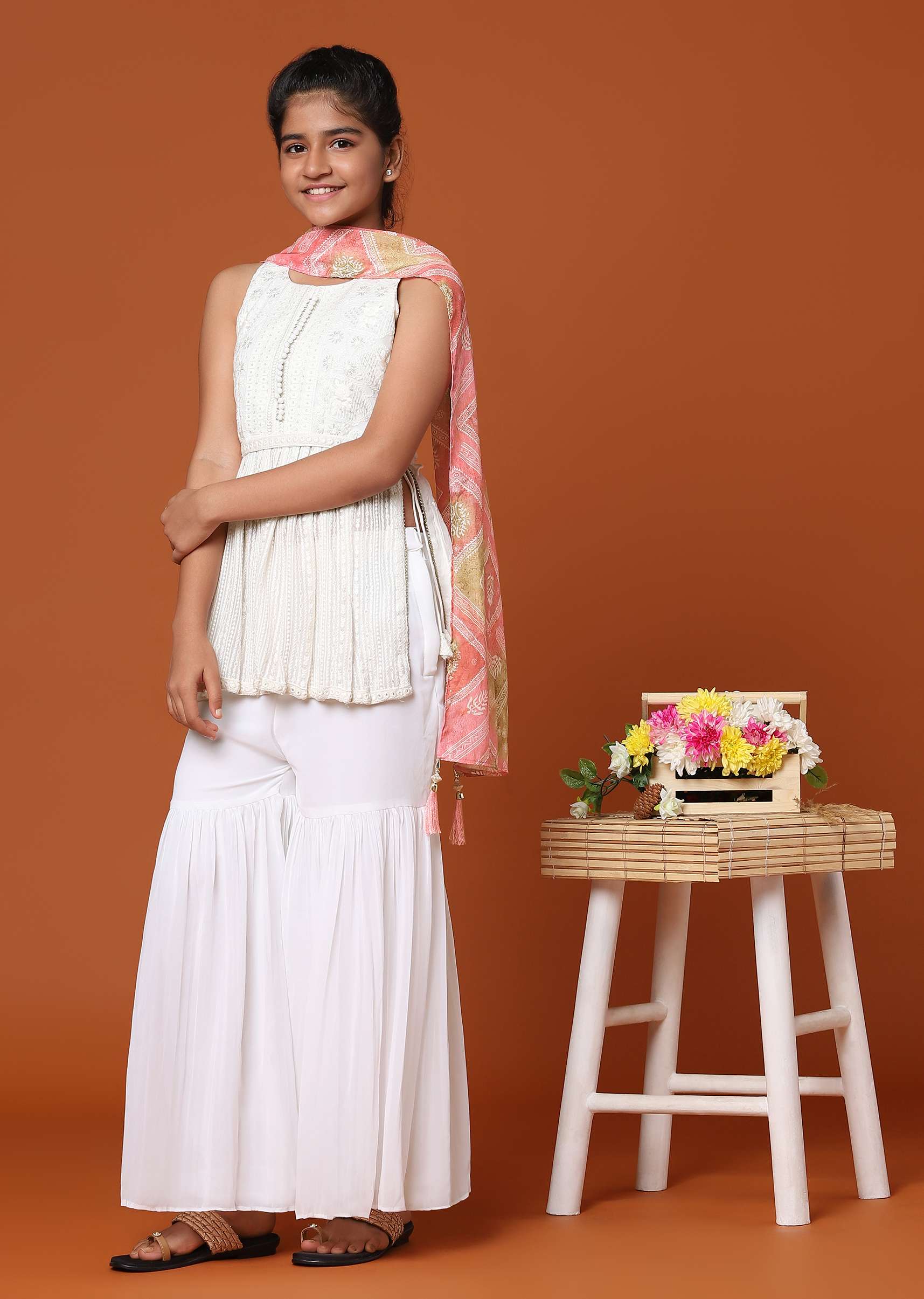 Kalki Pearl White Embroidered Palazzo And Kurti Set In Georgette For Girls - Image 3