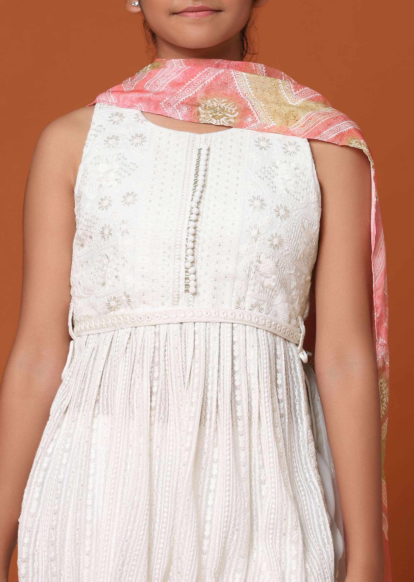Kalki Pearl White Embroidered Palazzo And Kurti Set In Georgette For Girls - Image 4
